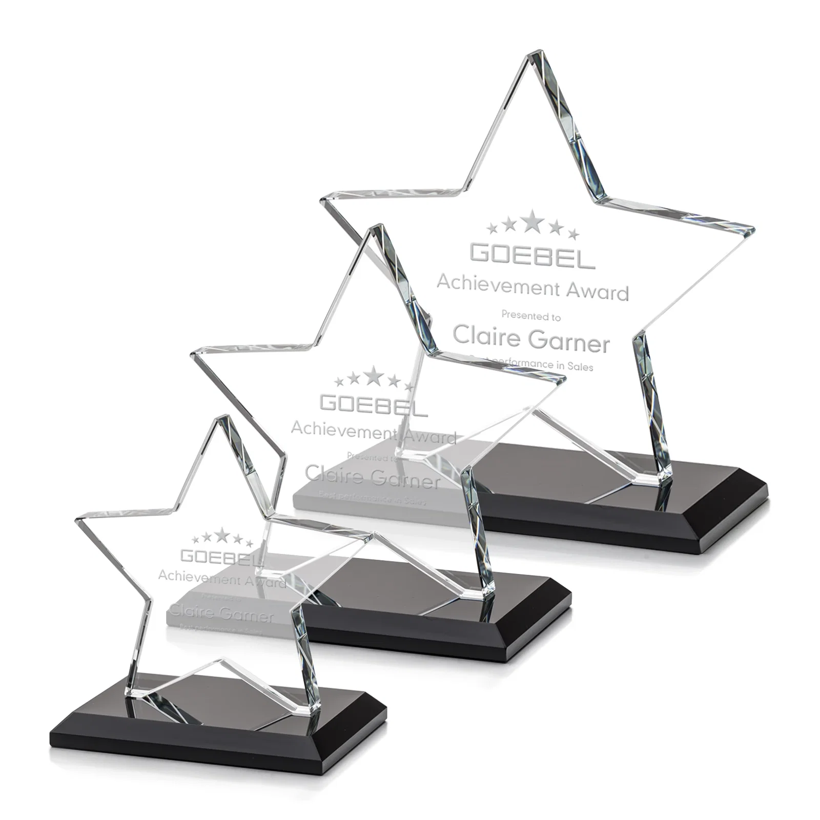 Personalized Starfire Crystal Star Award in Amber, Light Blue or Rosewood for corporate award ceremonies