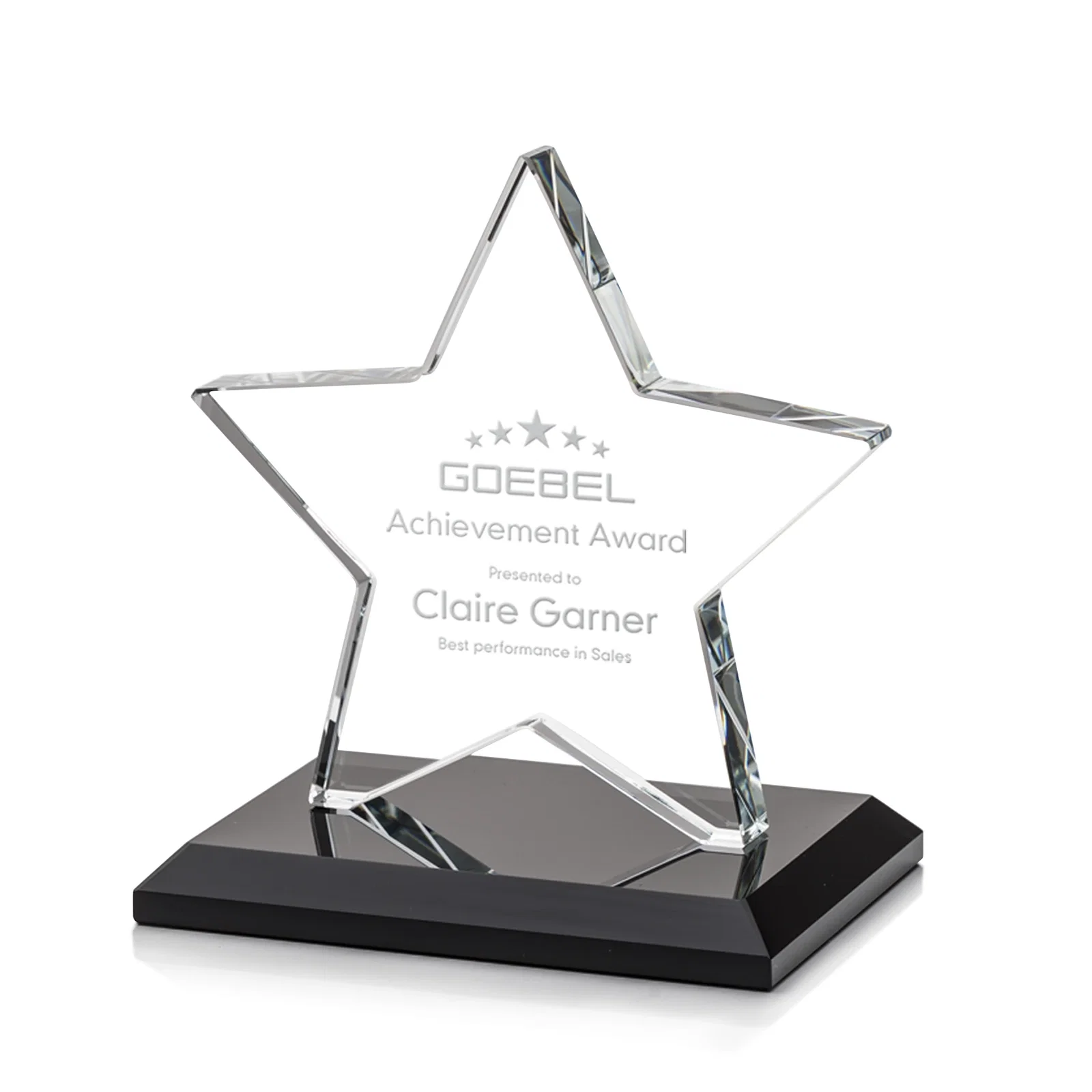 Personalized Starfire Crystal Star Award in Amber, Light Blue or Rosewood for service anniversary gifts