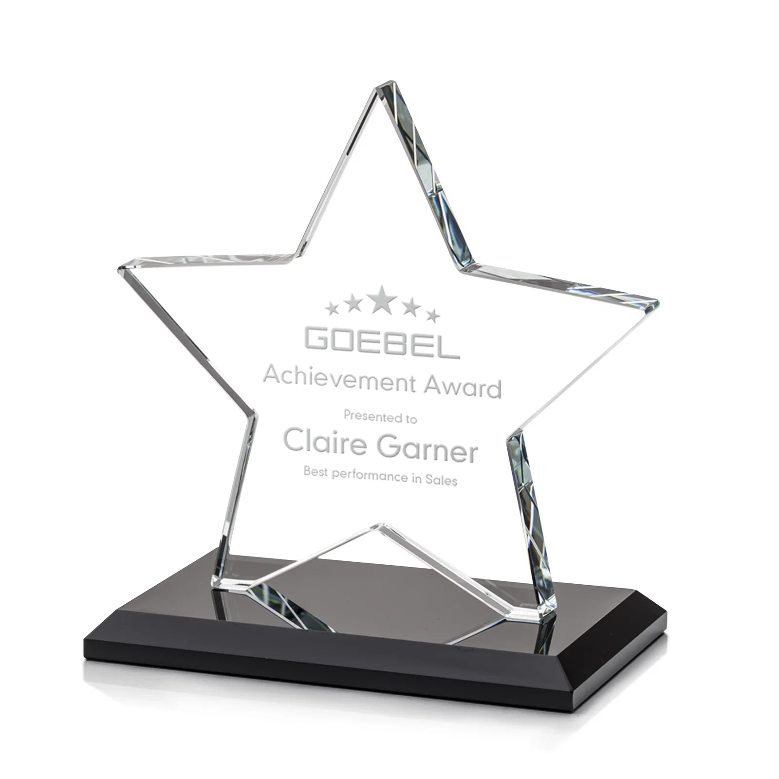 Personalized Starfire Crystal Star Award in Amber, Light Blue or Rosewood for sales achievement awards