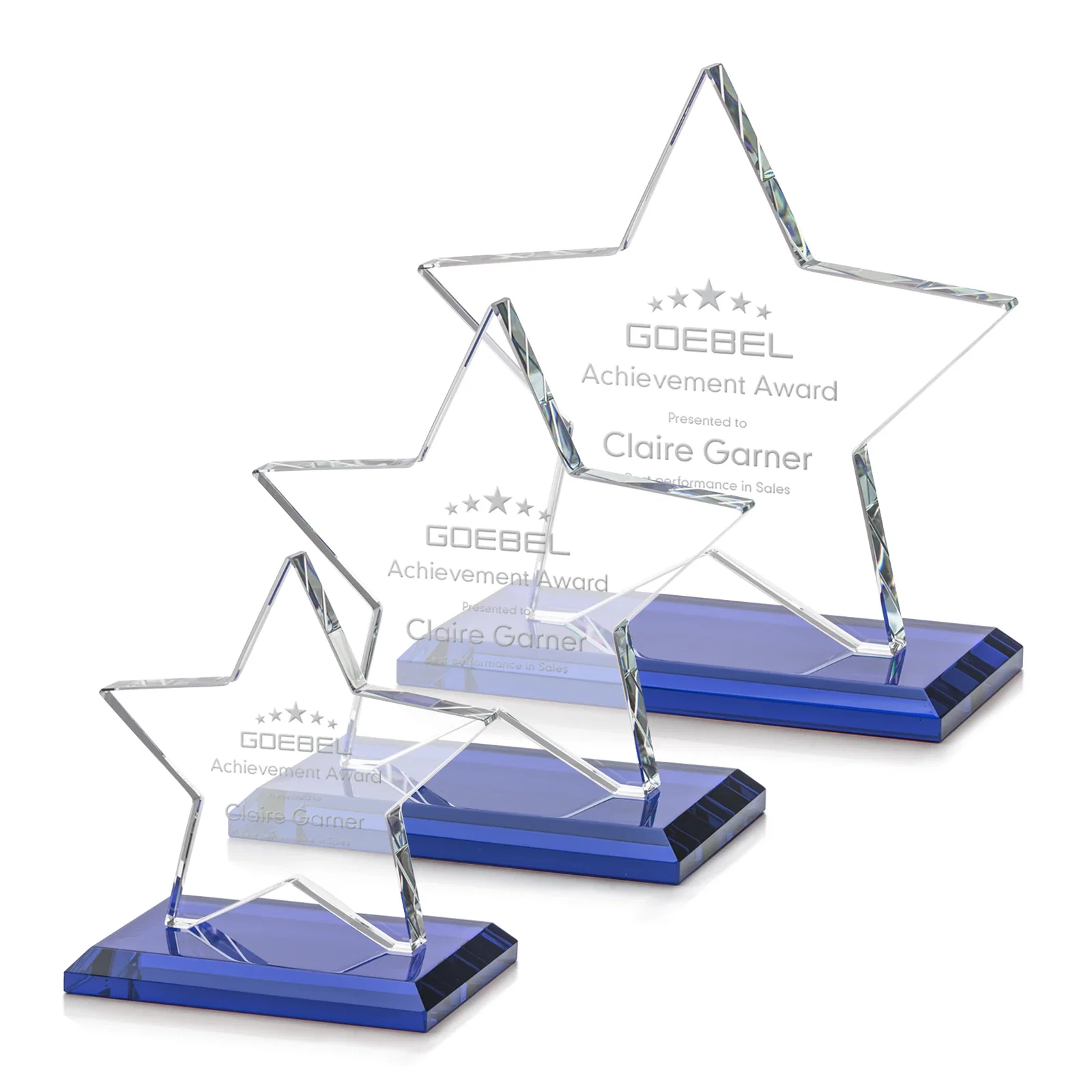 Personalized Starfire Crystal Star Award in Amber, Light Blue or Rosewood for team milestone celebrations