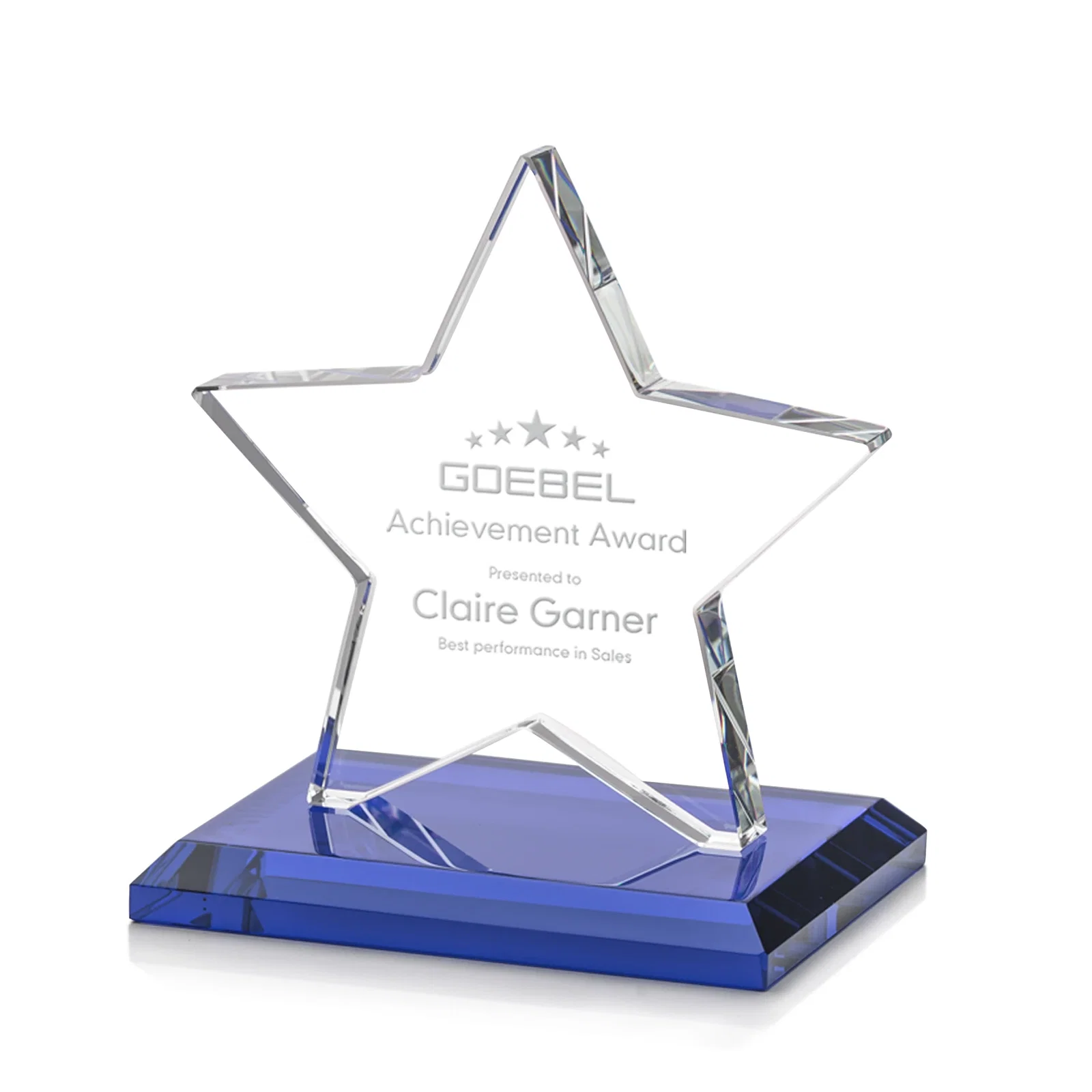 Personalized Starfire Crystal Star Award in Amber, Light Blue or Rosewood for donor appreciation
