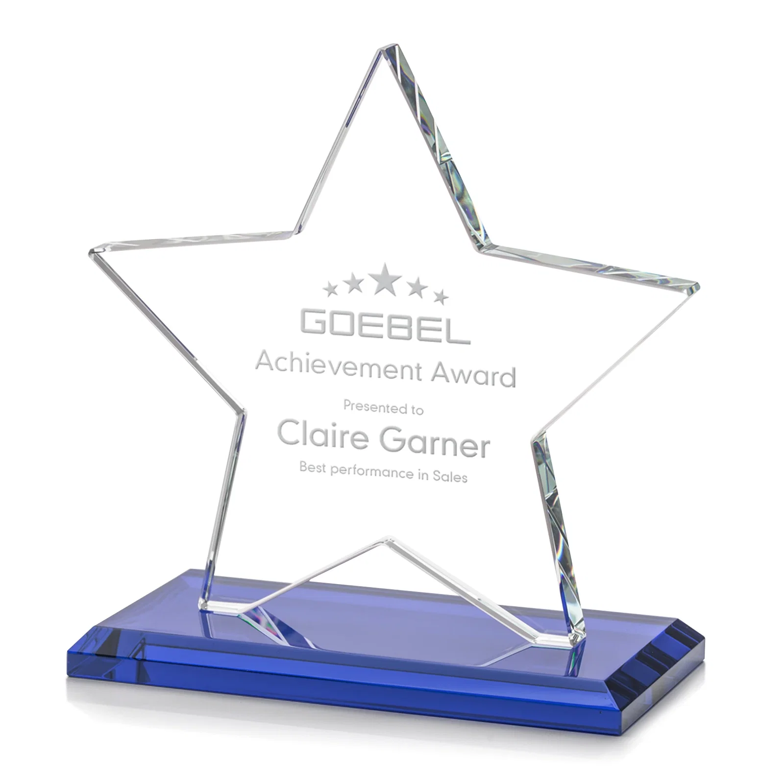 Personalized Starfire Crystal Star Award in Amber, Light Blue or Rosewood for safety achievement programs