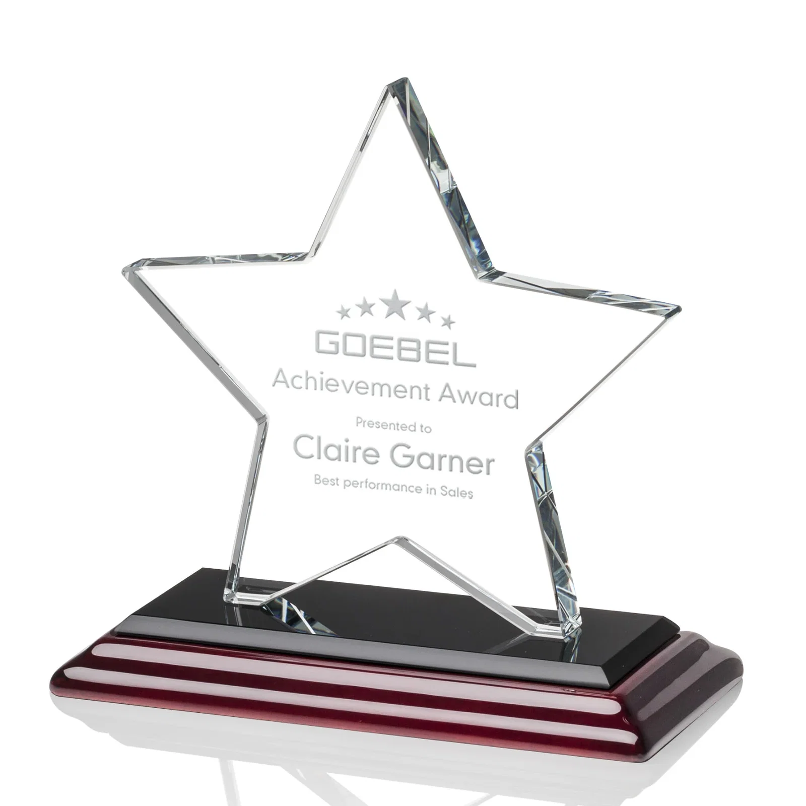 Personalized Starfire Crystal Star Award in Amber, Light Blue or Rosewood for company anniversary events