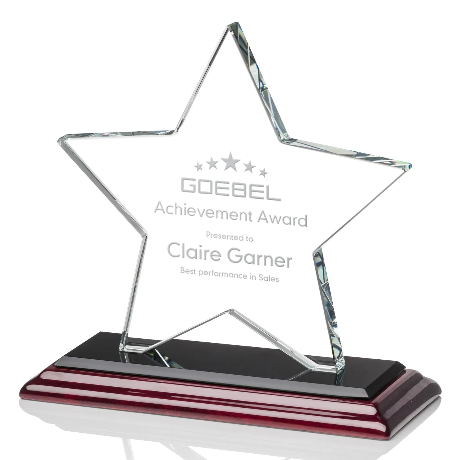 Promotional Starfire Crystal Star Award in Amber, Light Blue or Rosewood for employee recognition