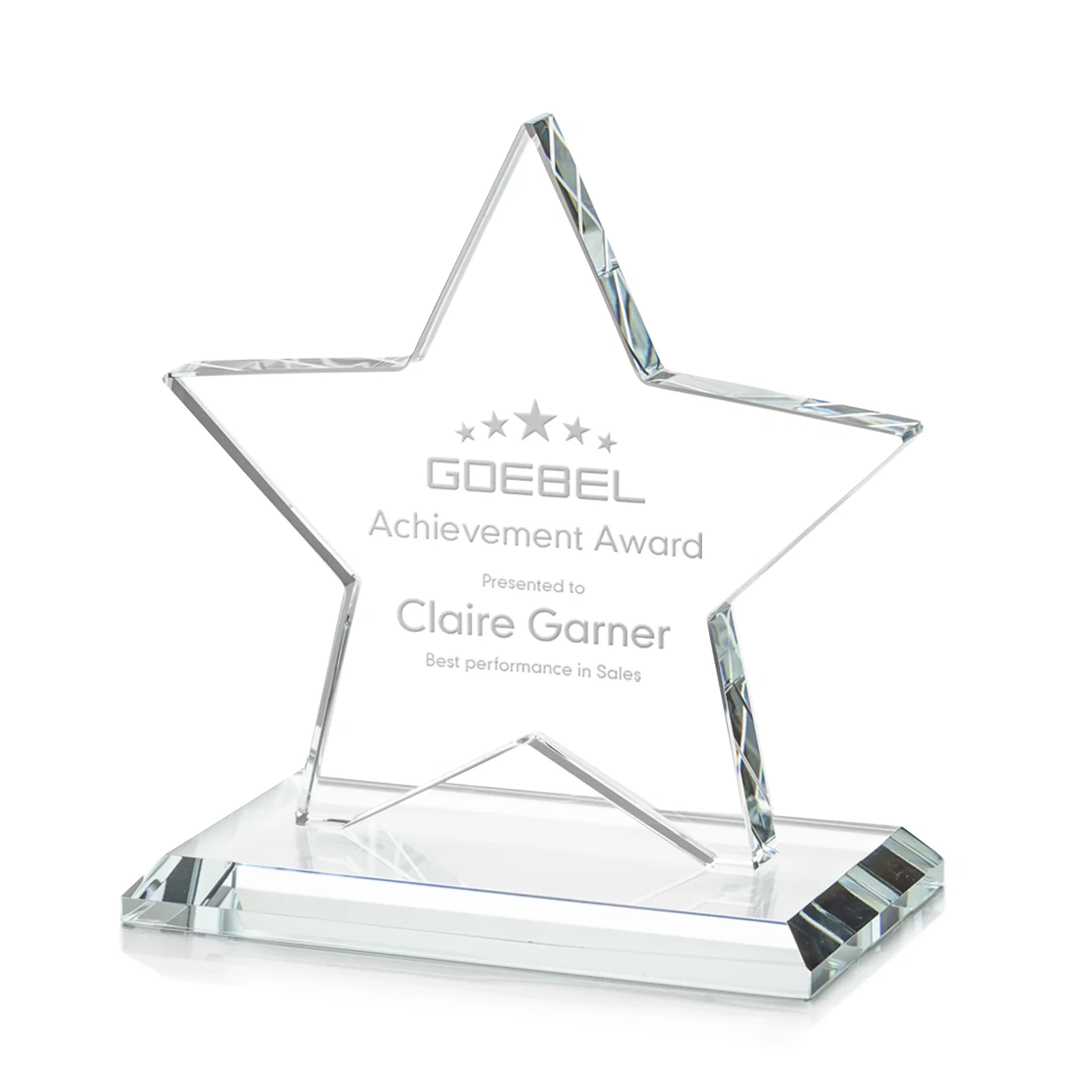 Custom Starfire Crystal Star Award in Amber, Light Blue or Rosewood for service anniversary gifts