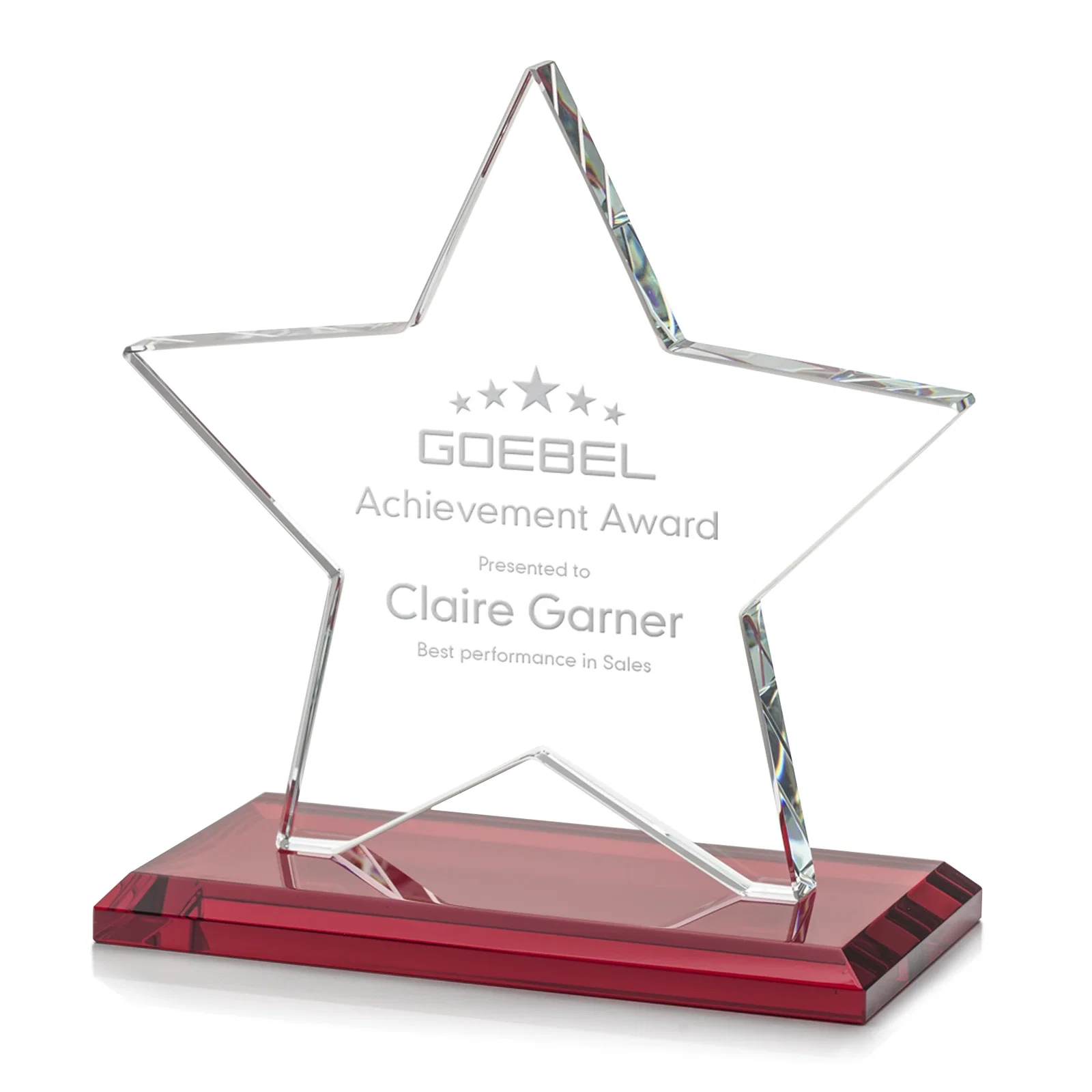 Promotional Starfire Crystal Star Award in Amber, Light Blue or Rosewood for retirement presentations