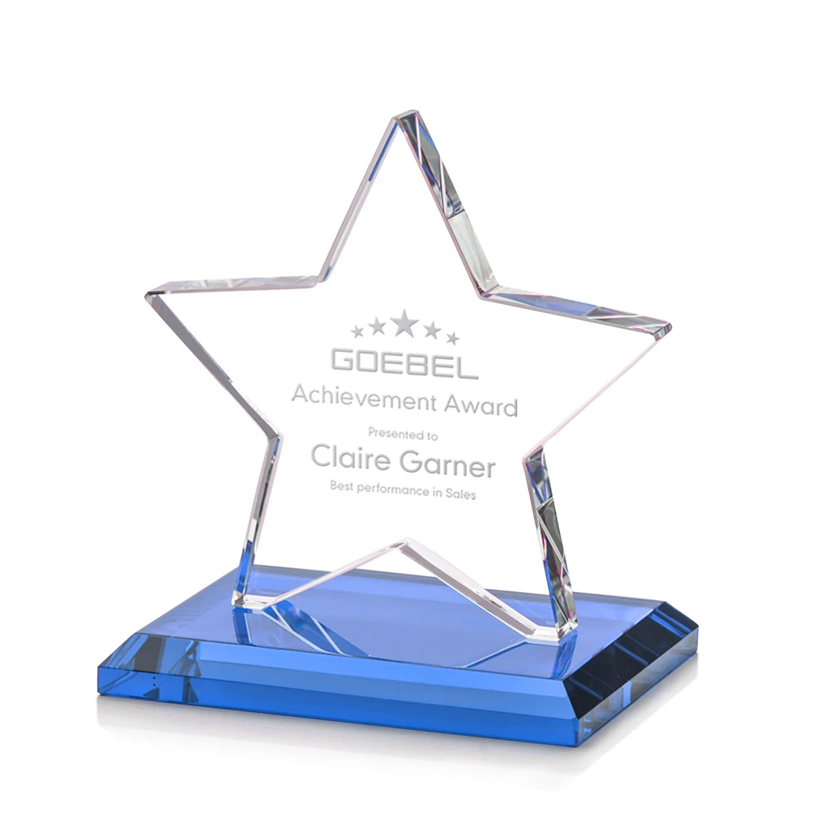 Promotional Starfire Crystal Star Award in Amber, Light Blue or Rosewood for donor appreciation