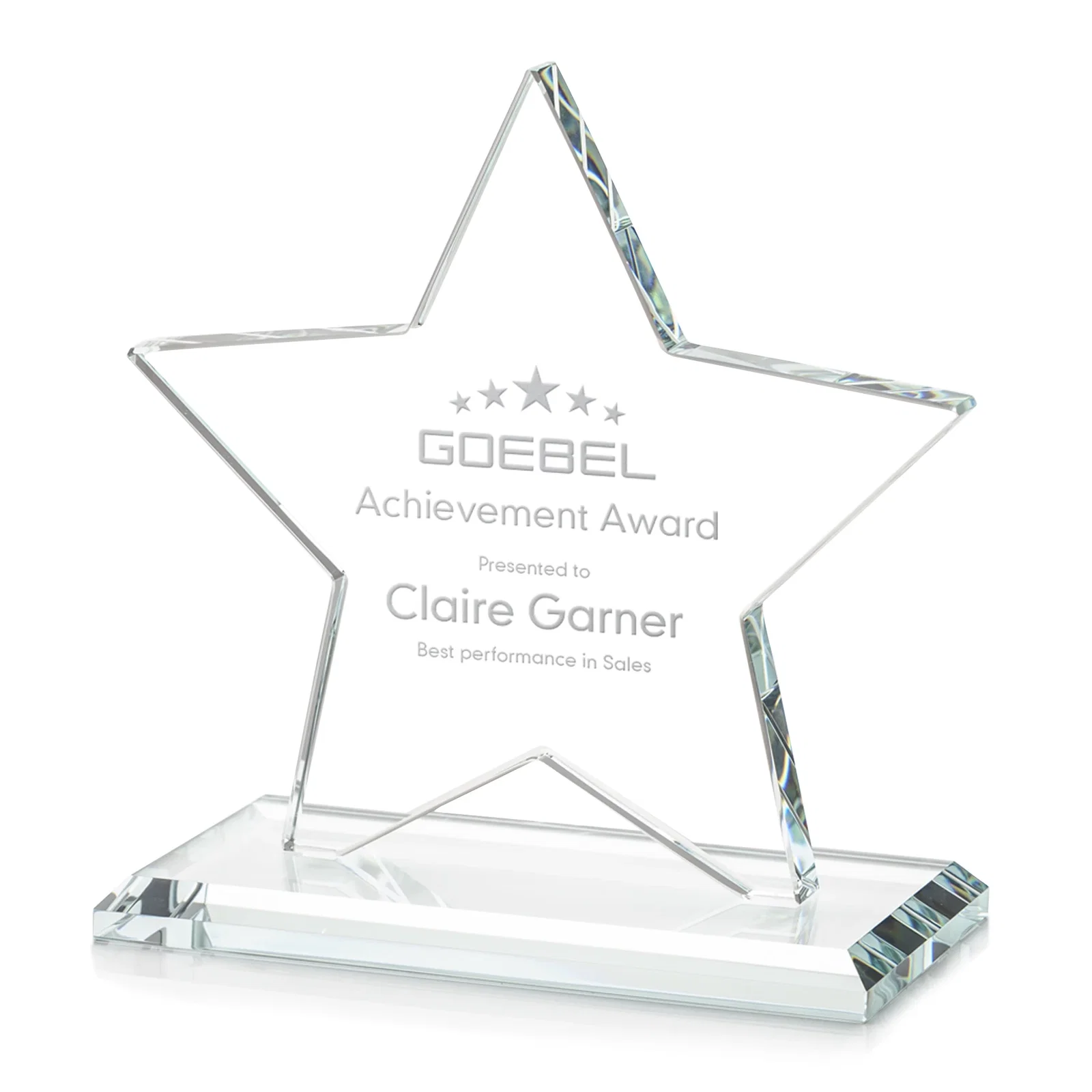 Custom Starfire Crystal Star Award in Amber, Light Blue or Rosewood for sales achievement awards