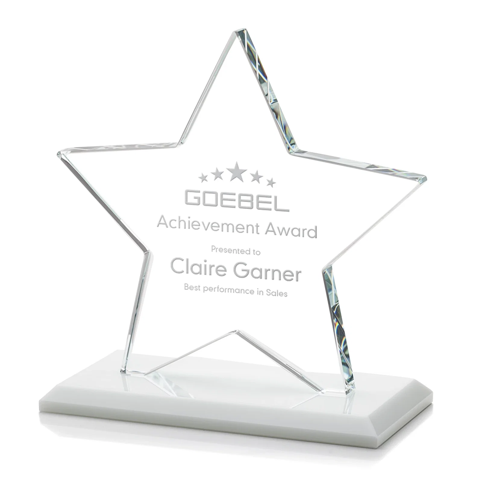 Branded Starfire Crystal Star Award in Amber, Light Blue or Rosewood for employee recognition