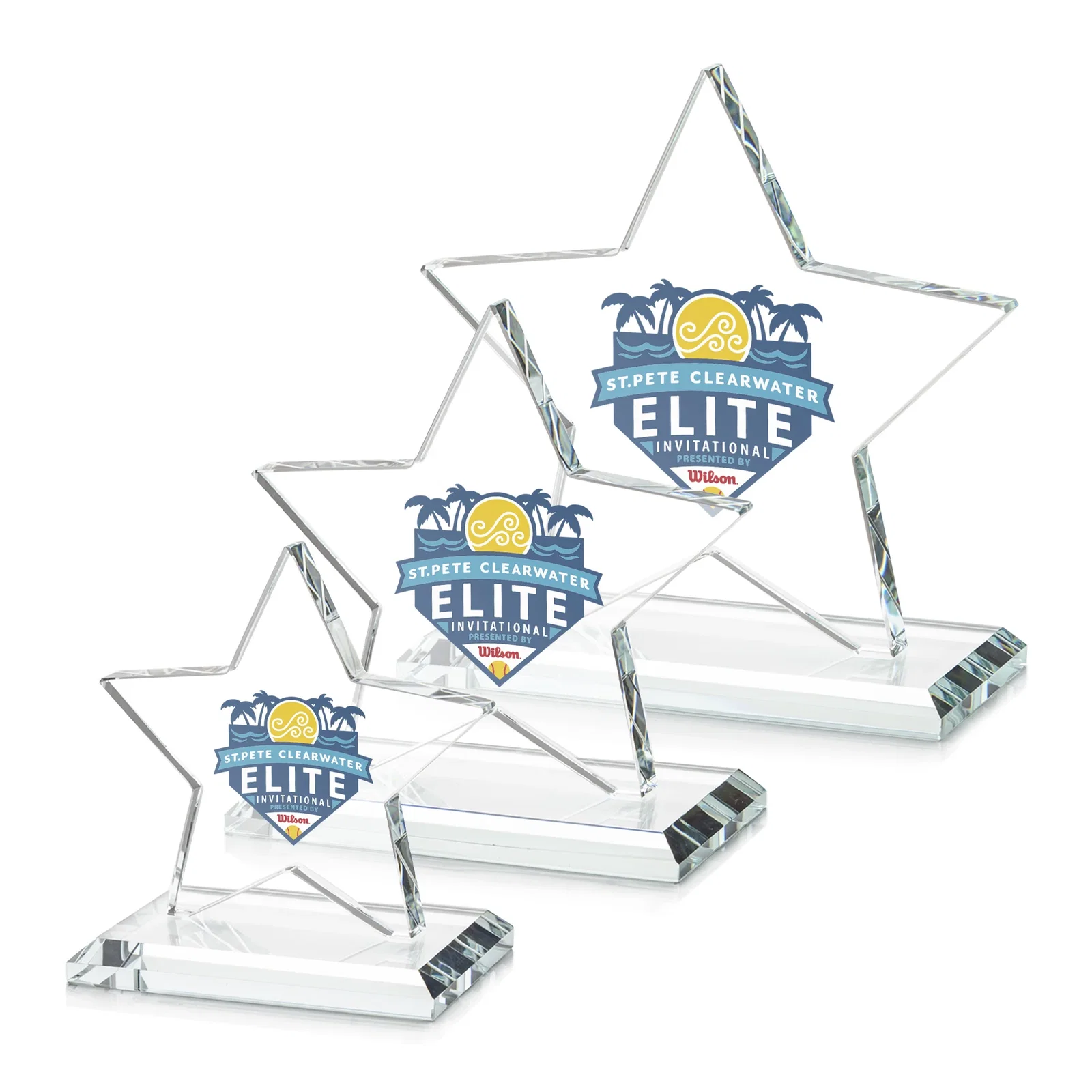 Branded Starfire Crystal Star Award in Amber, Light Blue or Rosewood for corporate award ceremonies