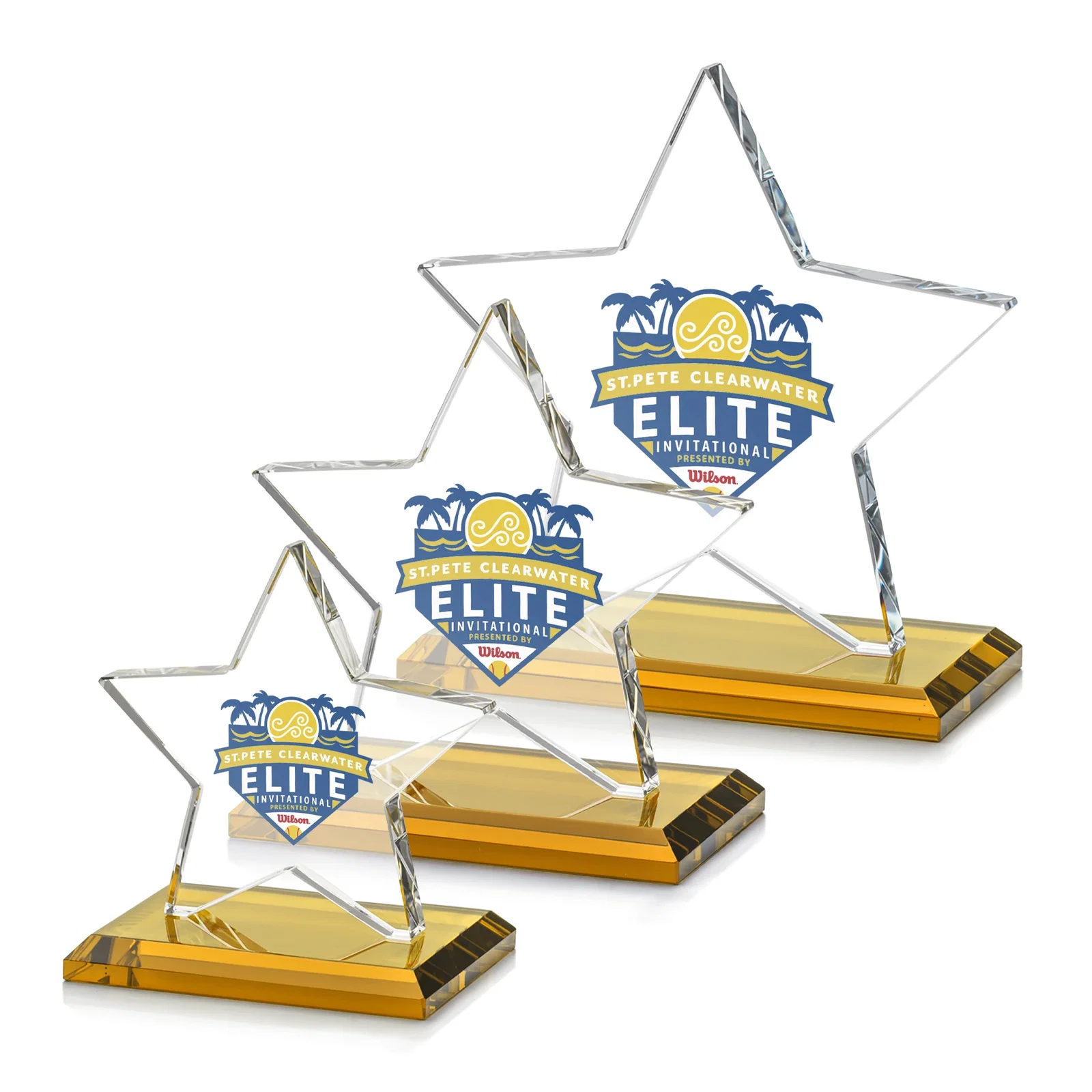 Branded Starfire Crystal Star Award in Amber, Light Blue or Rosewood for team milestone celebrations
