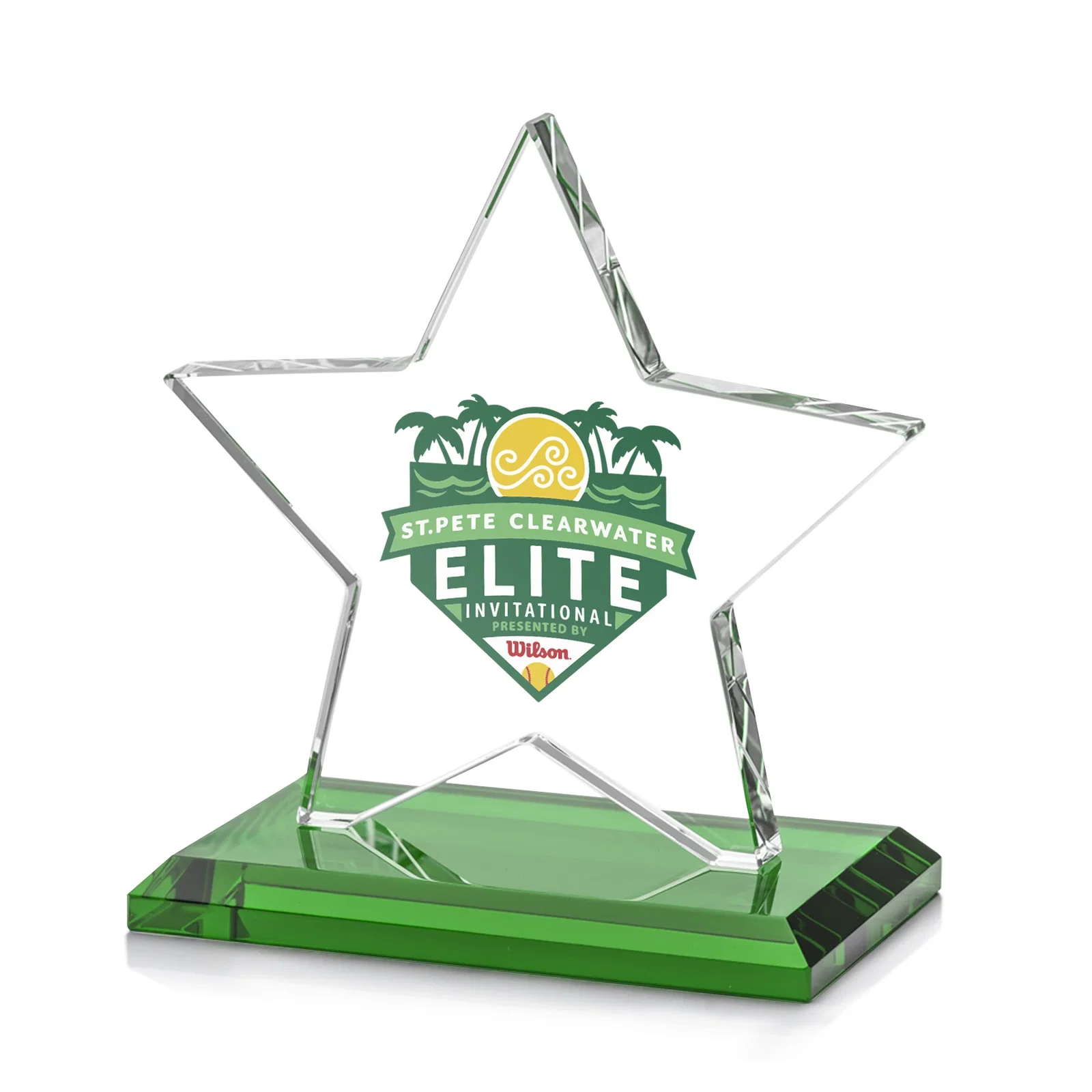 Branded Starfire Crystal Star Award in Amber, Light Blue or Rosewood for company anniversary events