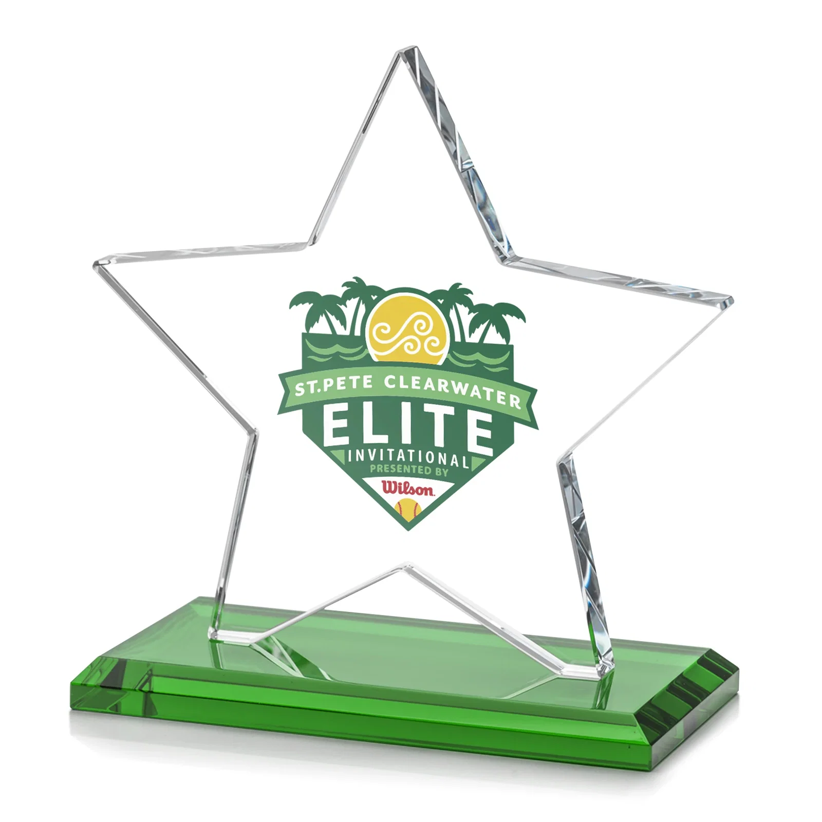 Custom printed Starfire Crystal Star Award in Amber, Light Blue or Rosewood for employee recognition