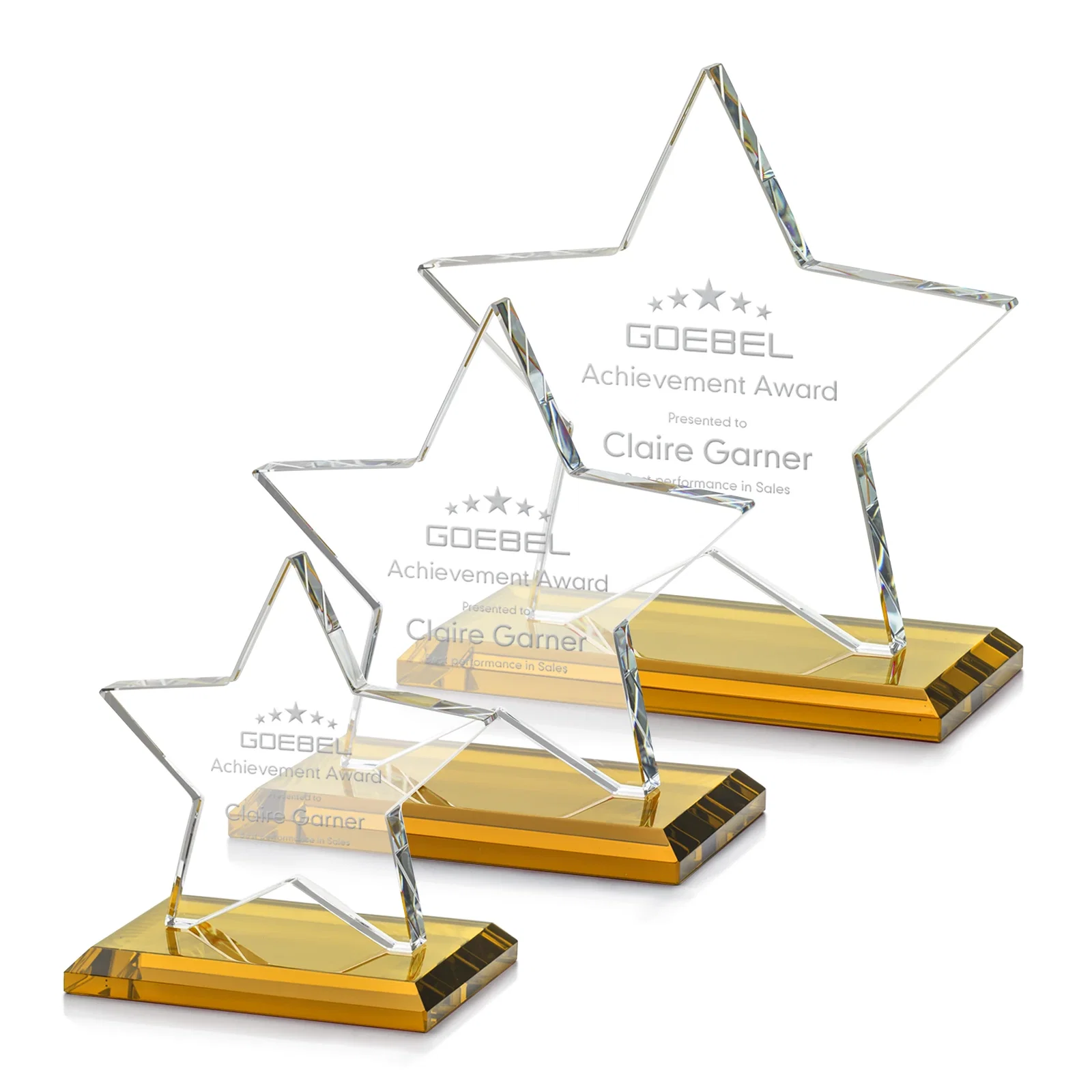 Custom Starfire Crystal Star Award in Amber, Light Blue or Rosewood for team milestone celebrations