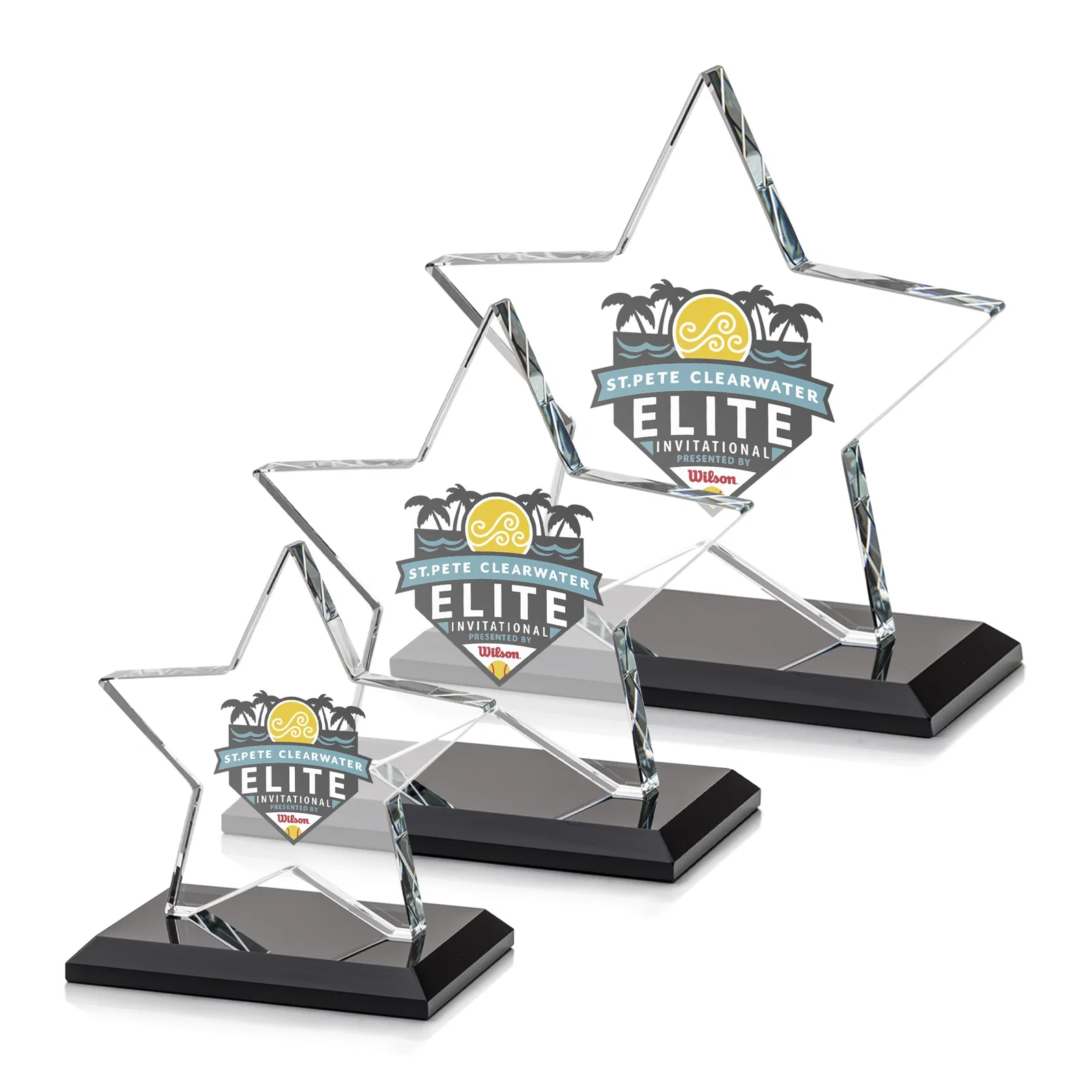 Custom printed Starfire Crystal Star Award in Amber, Light Blue or Rosewood for corporate award ceremonies