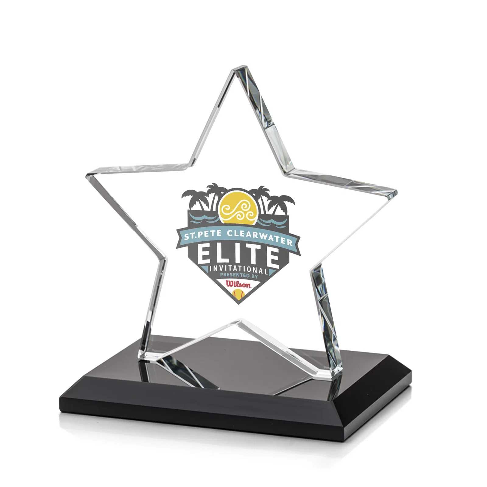 Custom printed Starfire Crystal Star Award in Amber, Light Blue or Rosewood for service anniversary gifts
