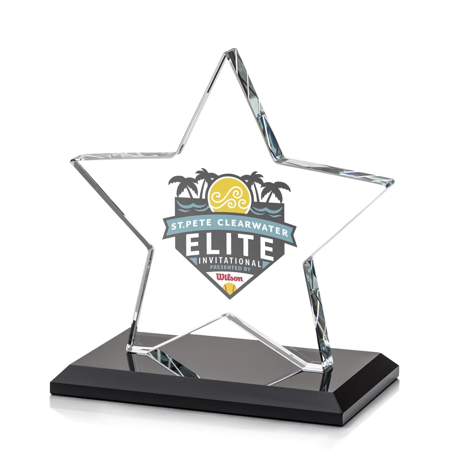 Custom printed Starfire Crystal Star Award in Amber, Light Blue or Rosewood for sales achievement awards