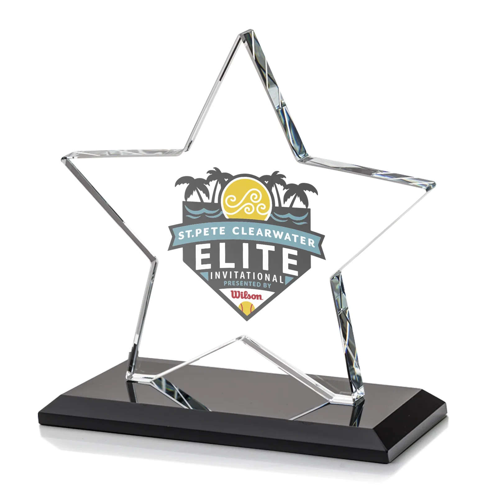 Custom printed Starfire Crystal Star Award in Amber, Light Blue or Rosewood for retirement presentations