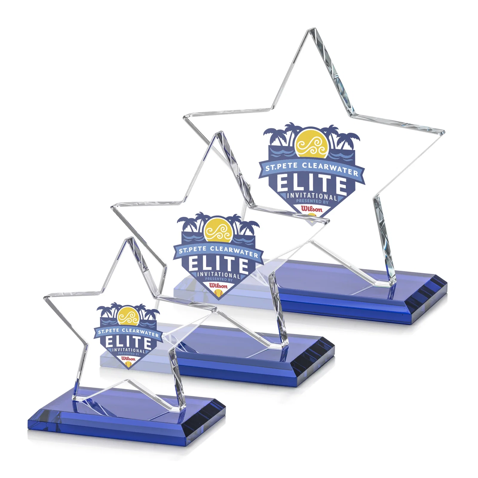 Custom printed Starfire Crystal Star Award in Amber, Light Blue or Rosewood for team milestone celebrations