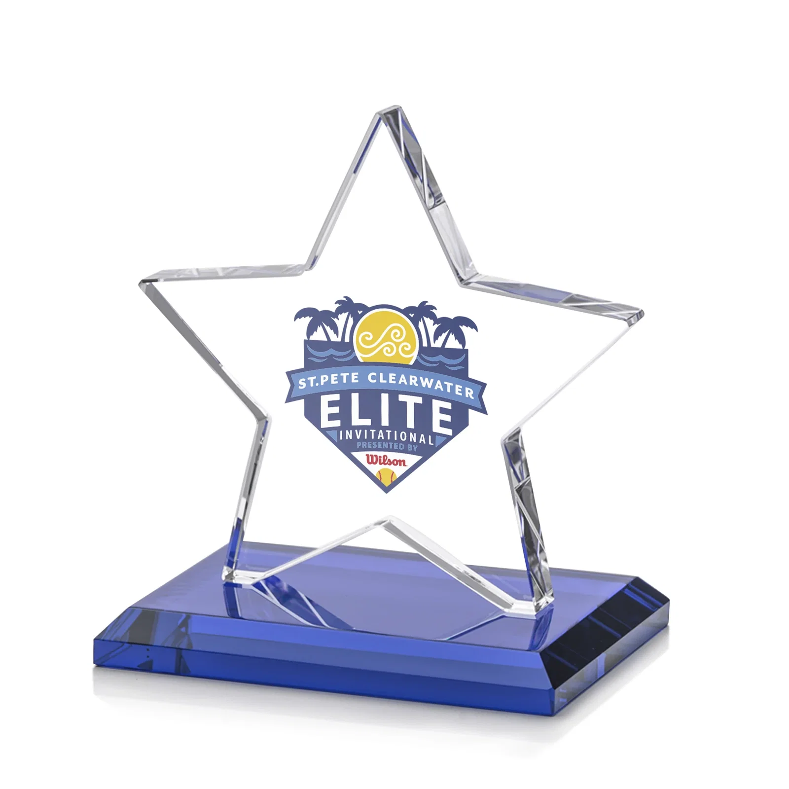Custom printed Starfire Crystal Star Award in Amber, Light Blue or Rosewood for donor appreciation