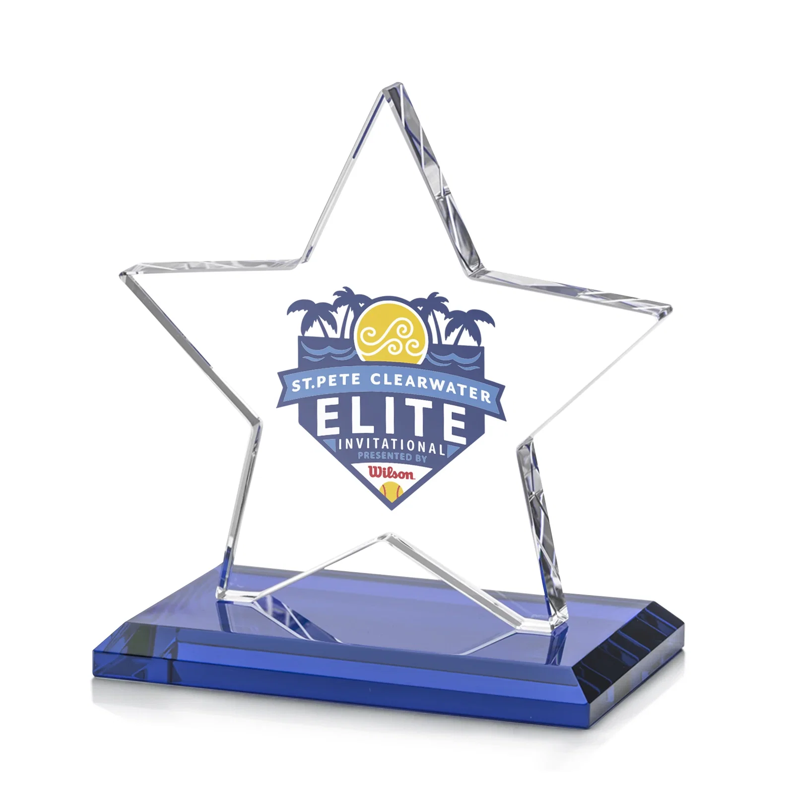 Custom printed Starfire Crystal Star Award in Amber, Light Blue or Rosewood for graduation ceremonies