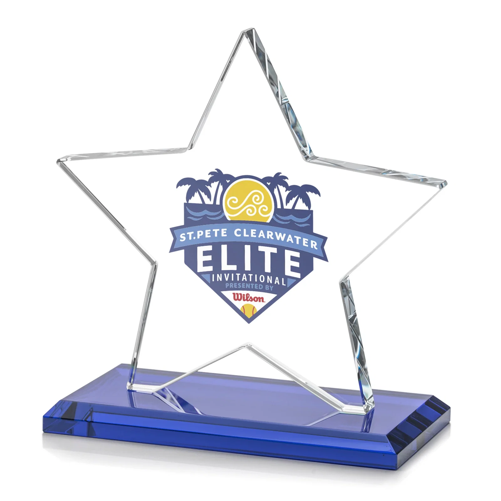 Custom printed Starfire Crystal Star Award in Amber, Light Blue or Rosewood for safety achievement programs