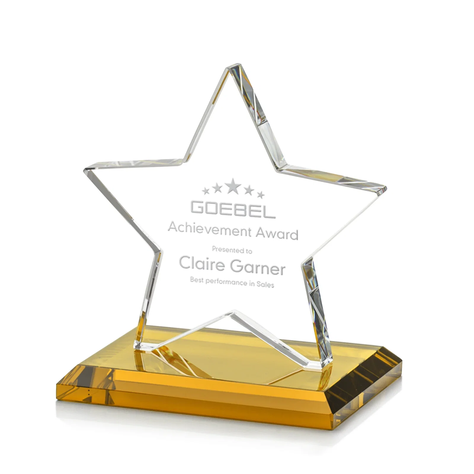 Custom Starfire Crystal Star Award in Amber, Light Blue or Rosewood for donor appreciation