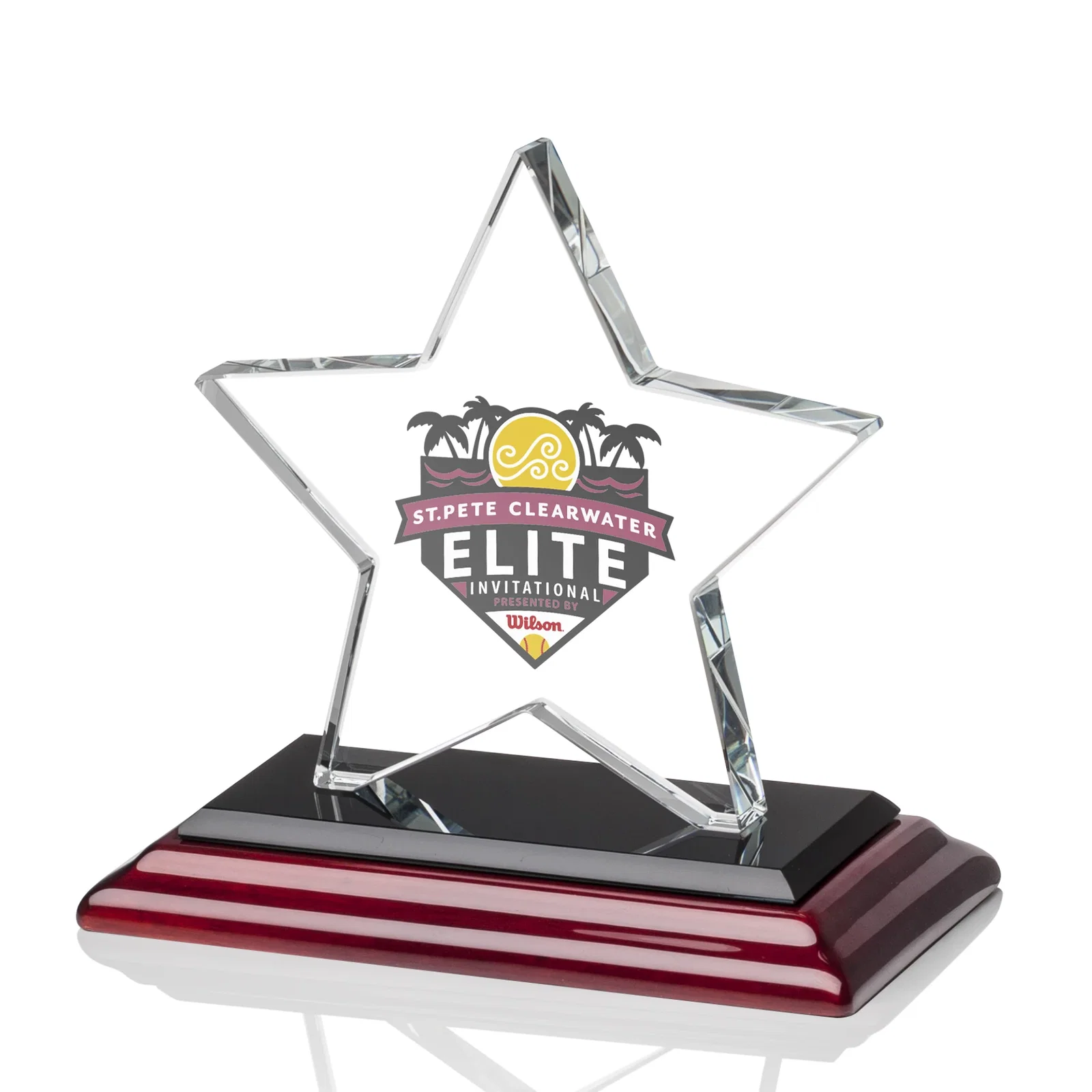 Custom printed Starfire Crystal Star Award in Amber, Light Blue or Rosewood for dealer and partner awards
