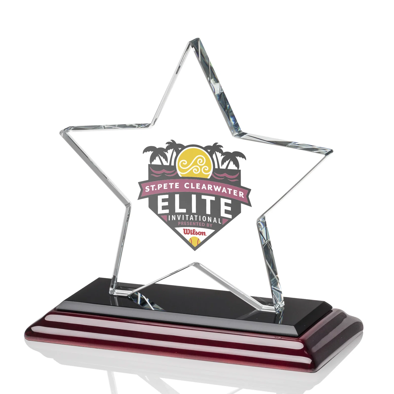 Custom printed Starfire Crystal Star Award in Amber, Light Blue or Rosewood for company anniversary events
