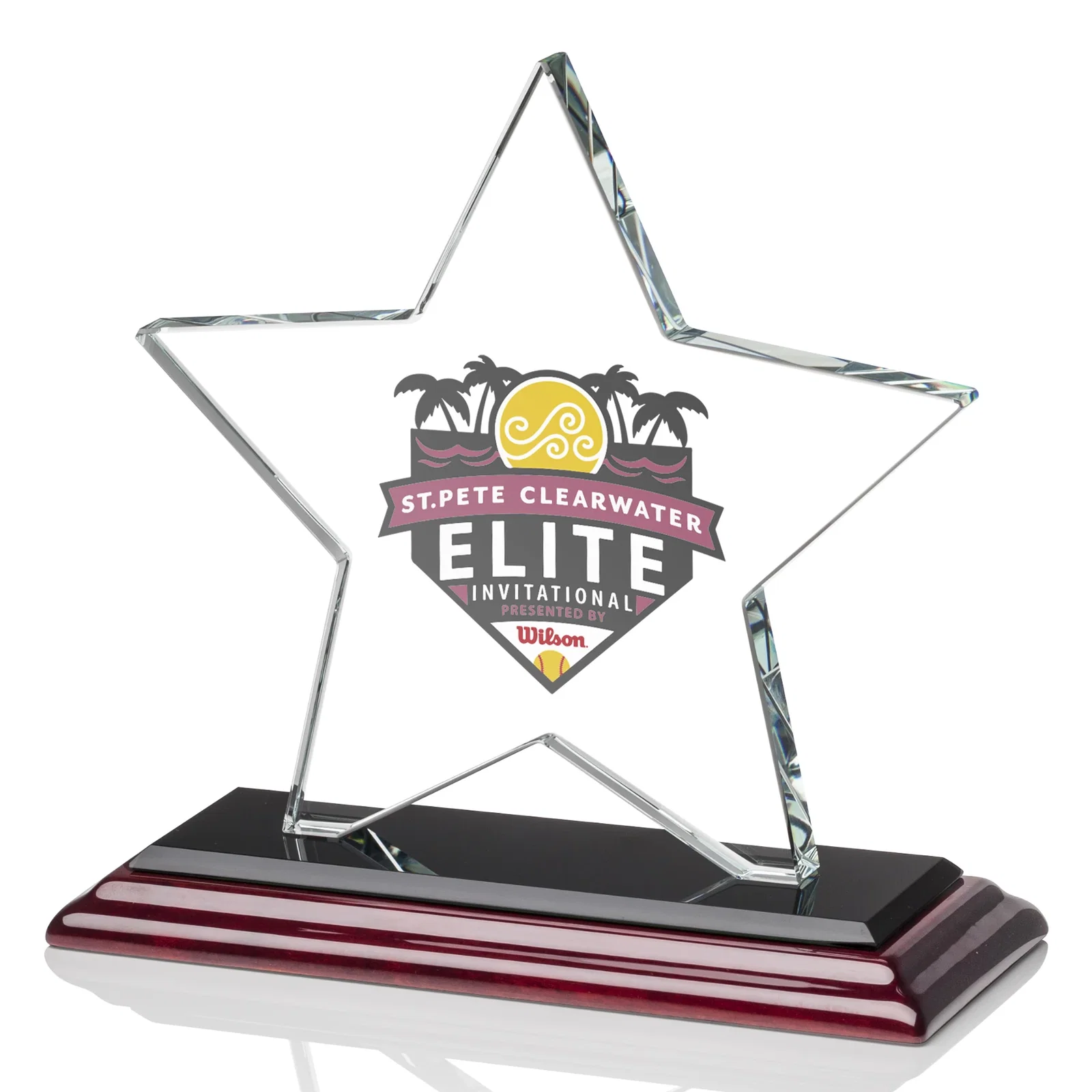Customized Starfire Crystal Star Award in Amber, Light Blue or Rosewood for employee recognition