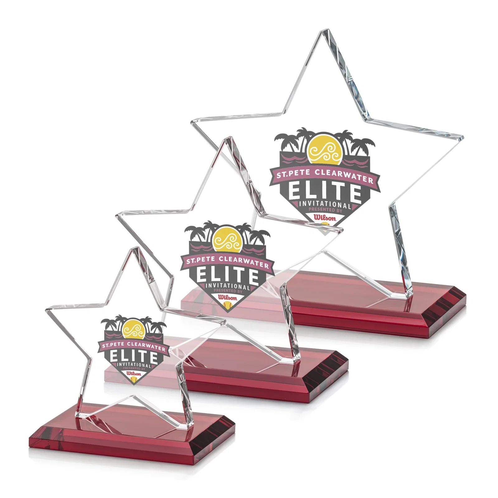 Customized Starfire Crystal Star Award in Amber, Light Blue or Rosewood for corporate award ceremonies