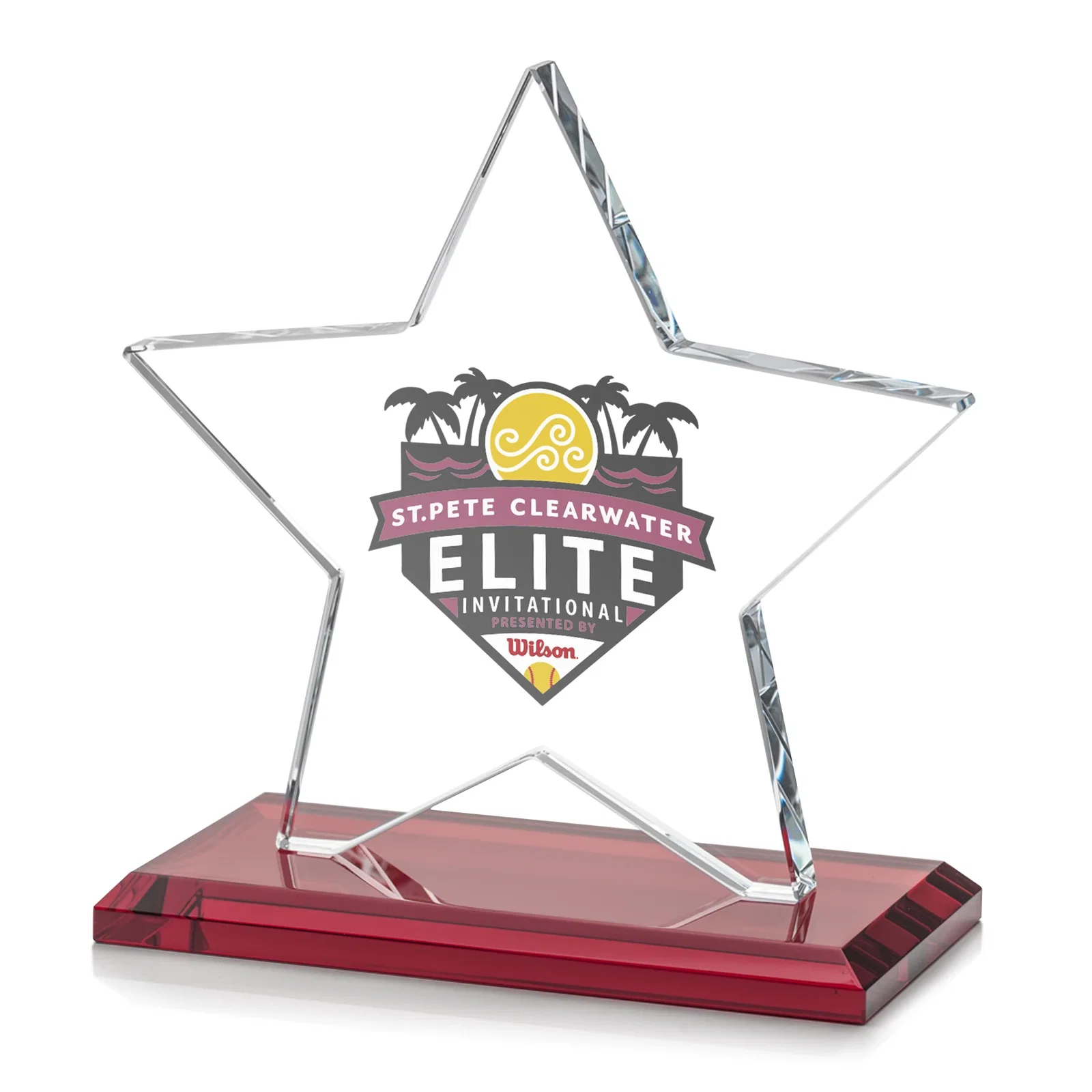 Customized Starfire Crystal Star Award in Amber, Light Blue or Rosewood for retirement presentations