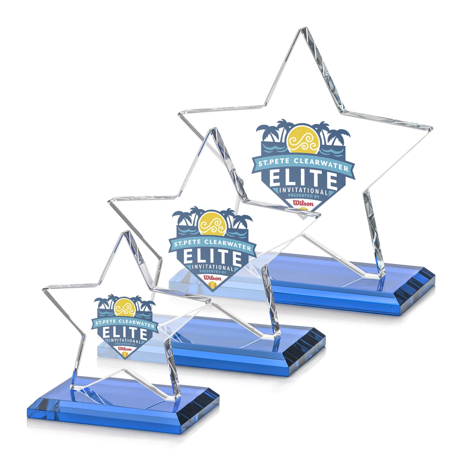 Customized Starfire Crystal Star Award in Amber, Light Blue or Rosewood for team milestone celebrations