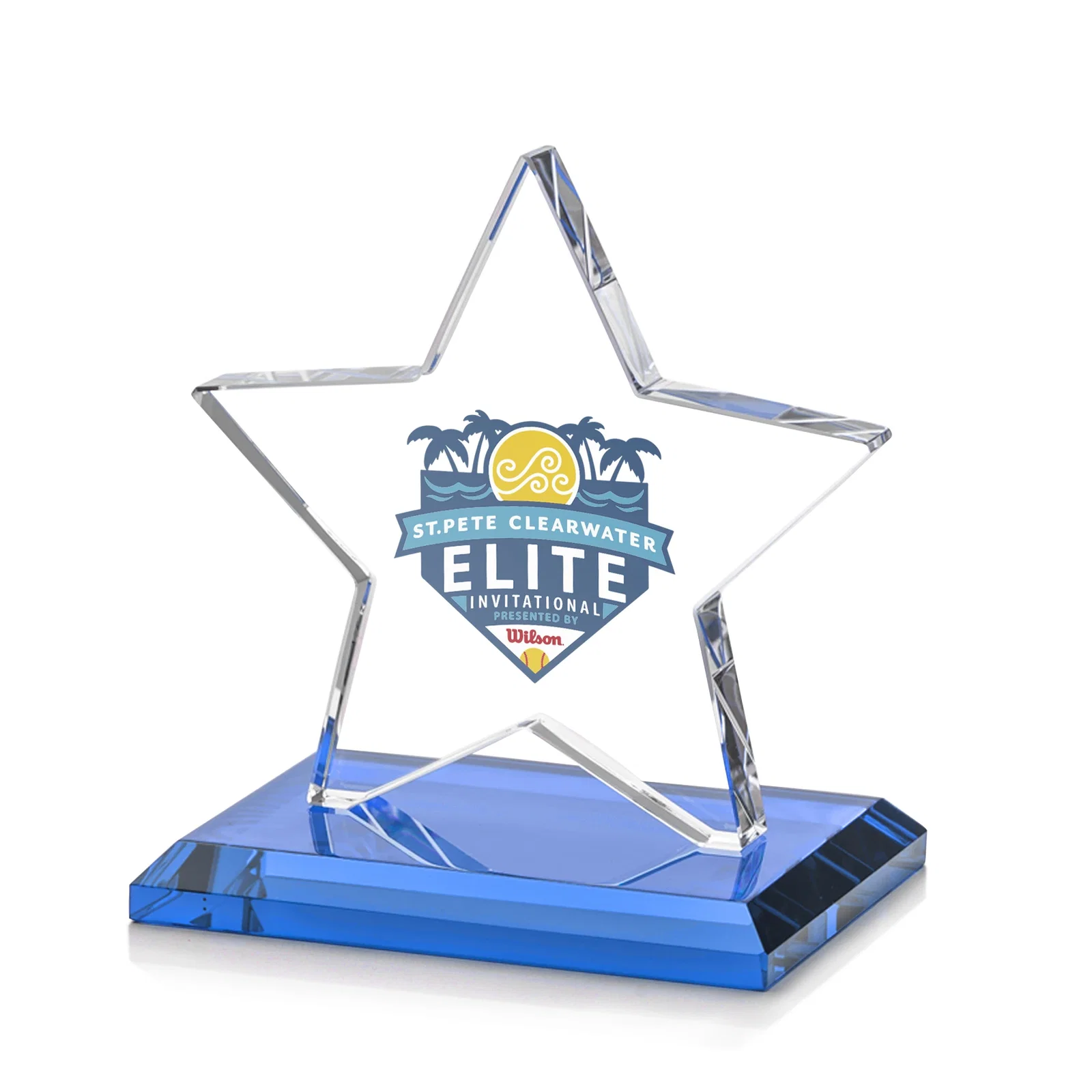 Customized Starfire Crystal Star Award in Amber, Light Blue or Rosewood for donor appreciation