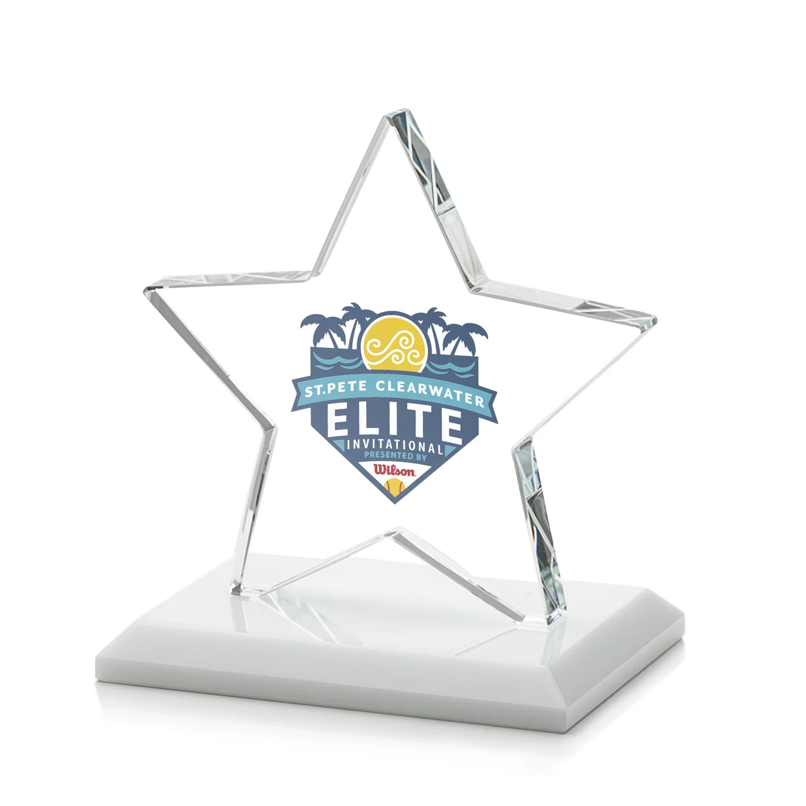 Customized Starfire Crystal Star Award in Amber, Light Blue or Rosewood for dealer and partner awards