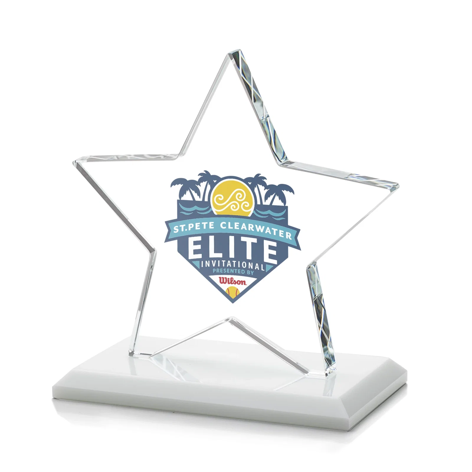 Customized Starfire Crystal Star Award in Amber, Light Blue or Rosewood for company anniversary events
