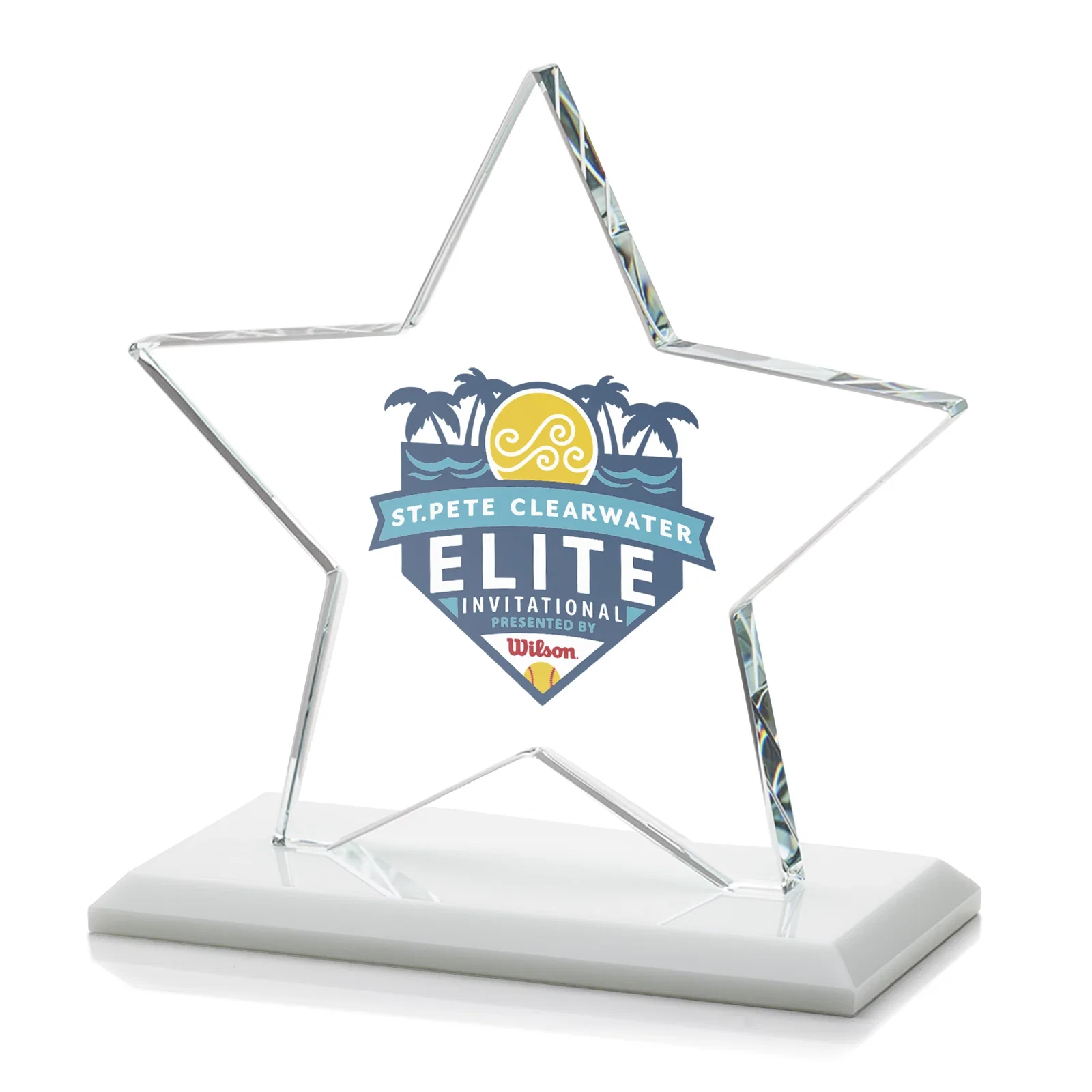 Custom engraved Starfire Crystal Star Award in Amber, Light Blue or Rosewood for employee recognition