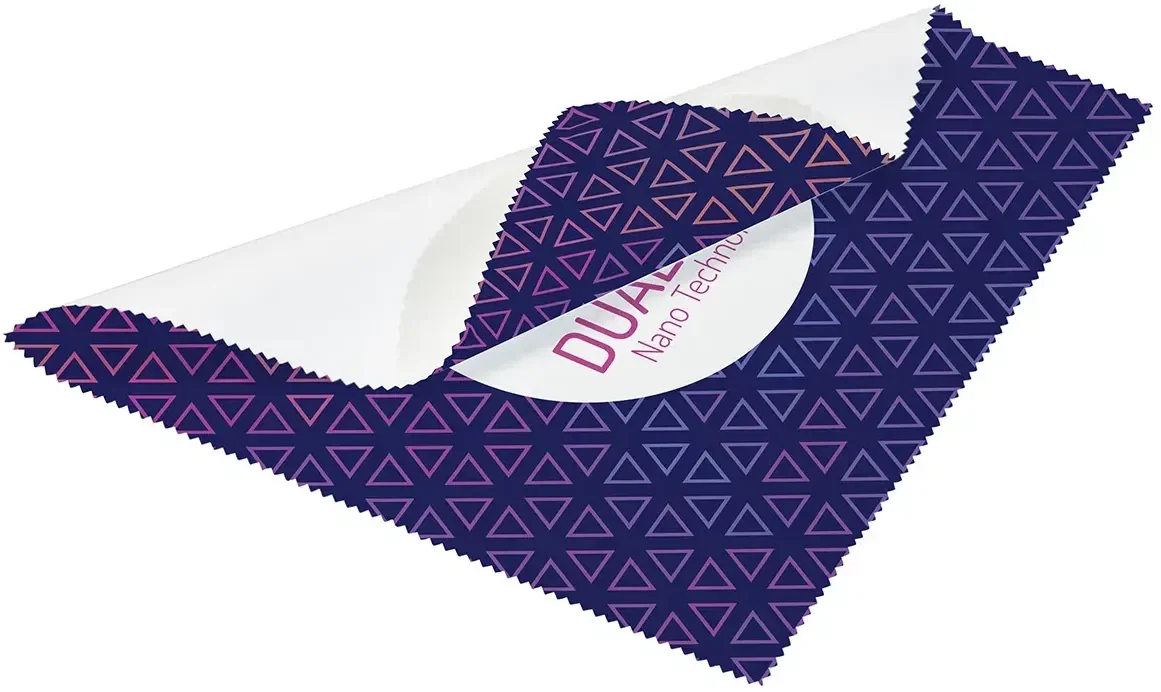 Branded Suede 200GSM cleaning cloth wiping a screen, promotional microfiber cloth angled view