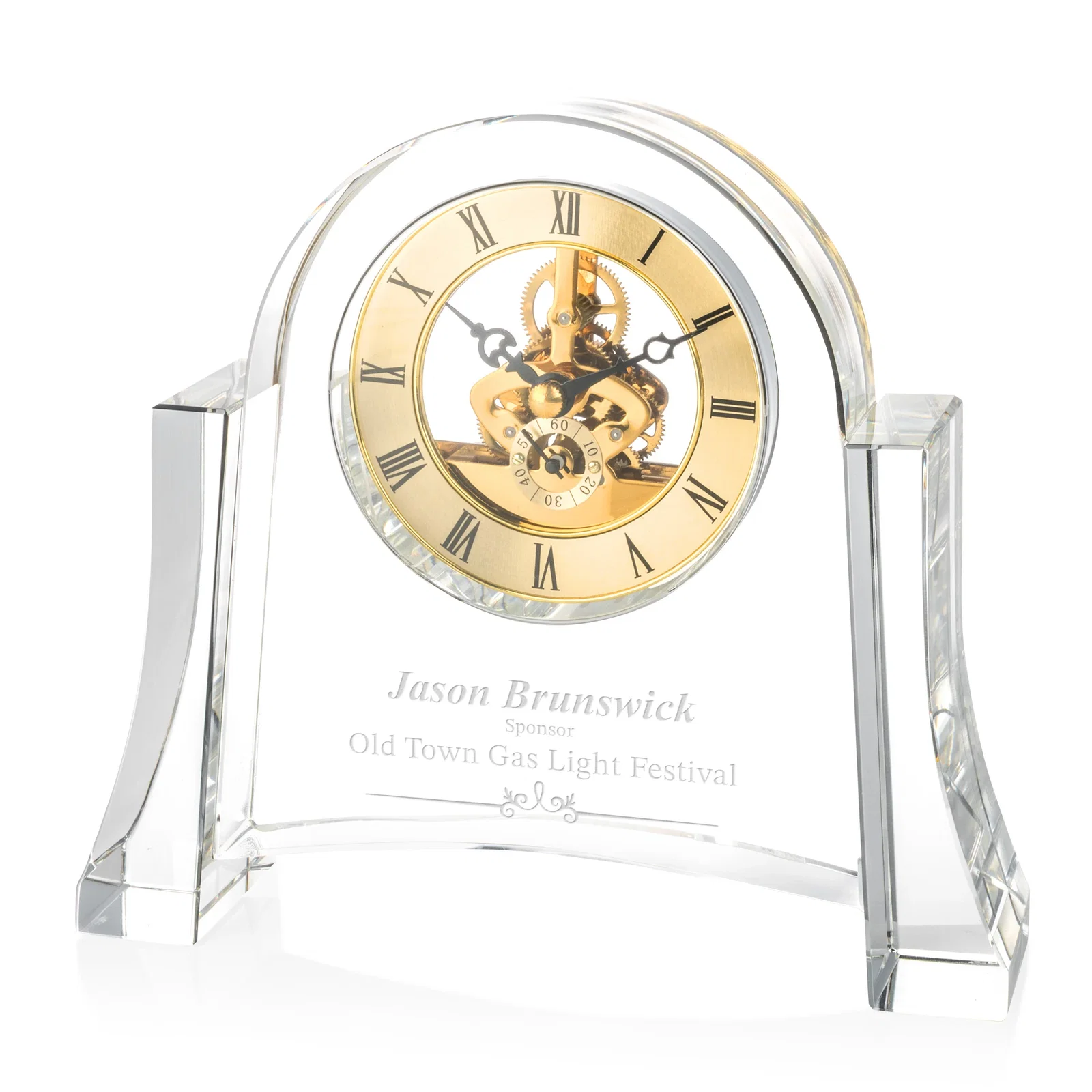 Custom Arched Optical Crystal Clock with Skeleton Movement for employee recognition