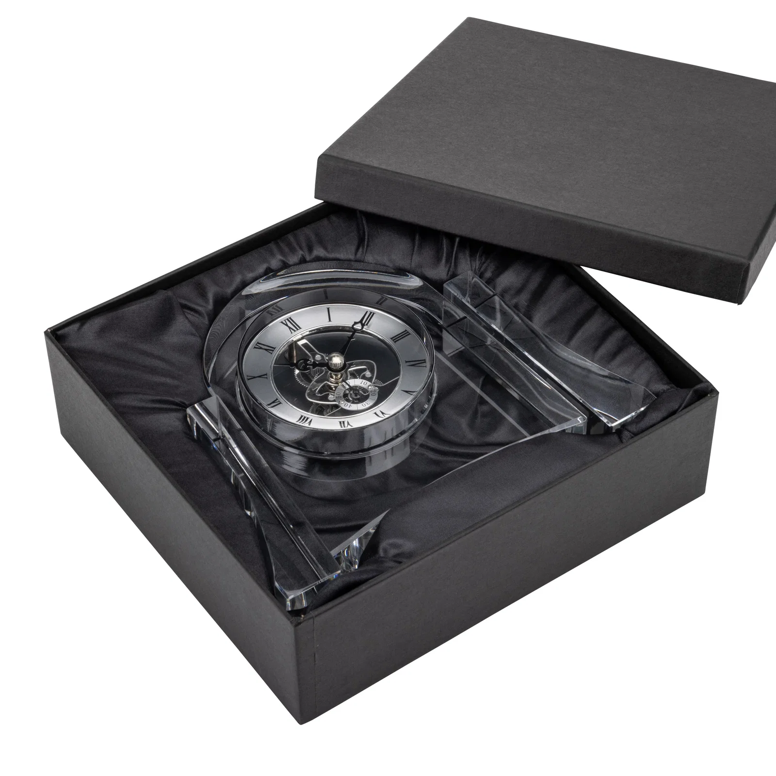 Custom Arched Optical Crystal Clock with Skeleton Movement for corporate award ceremonies