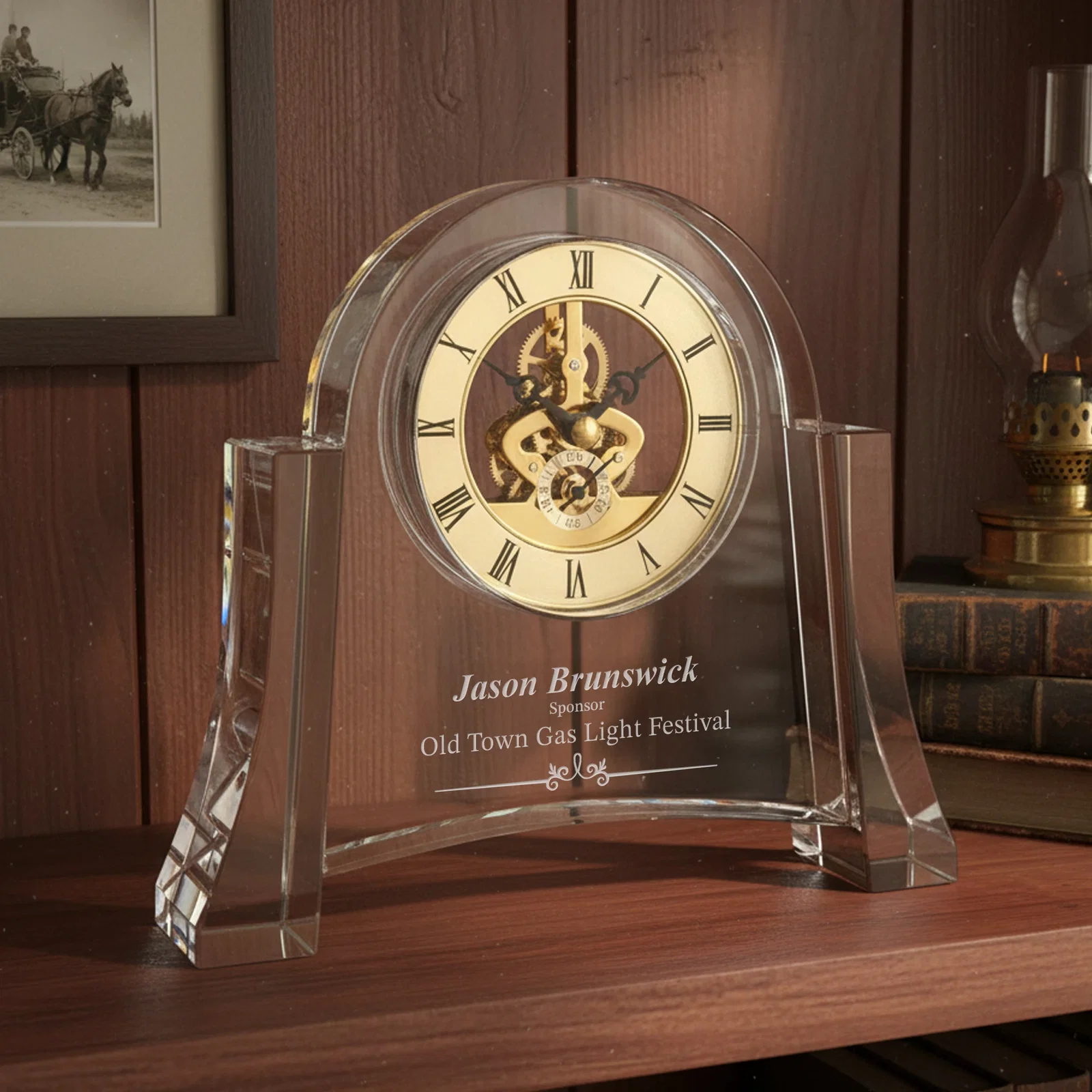 Custom Arched Optical Crystal Clock with Skeleton Movement for service anniversary gifts