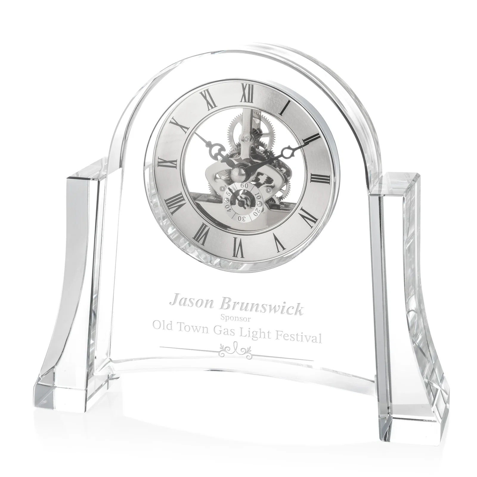 Custom Arched Optical Crystal Clock with Skeleton Movement for sales achievement awards