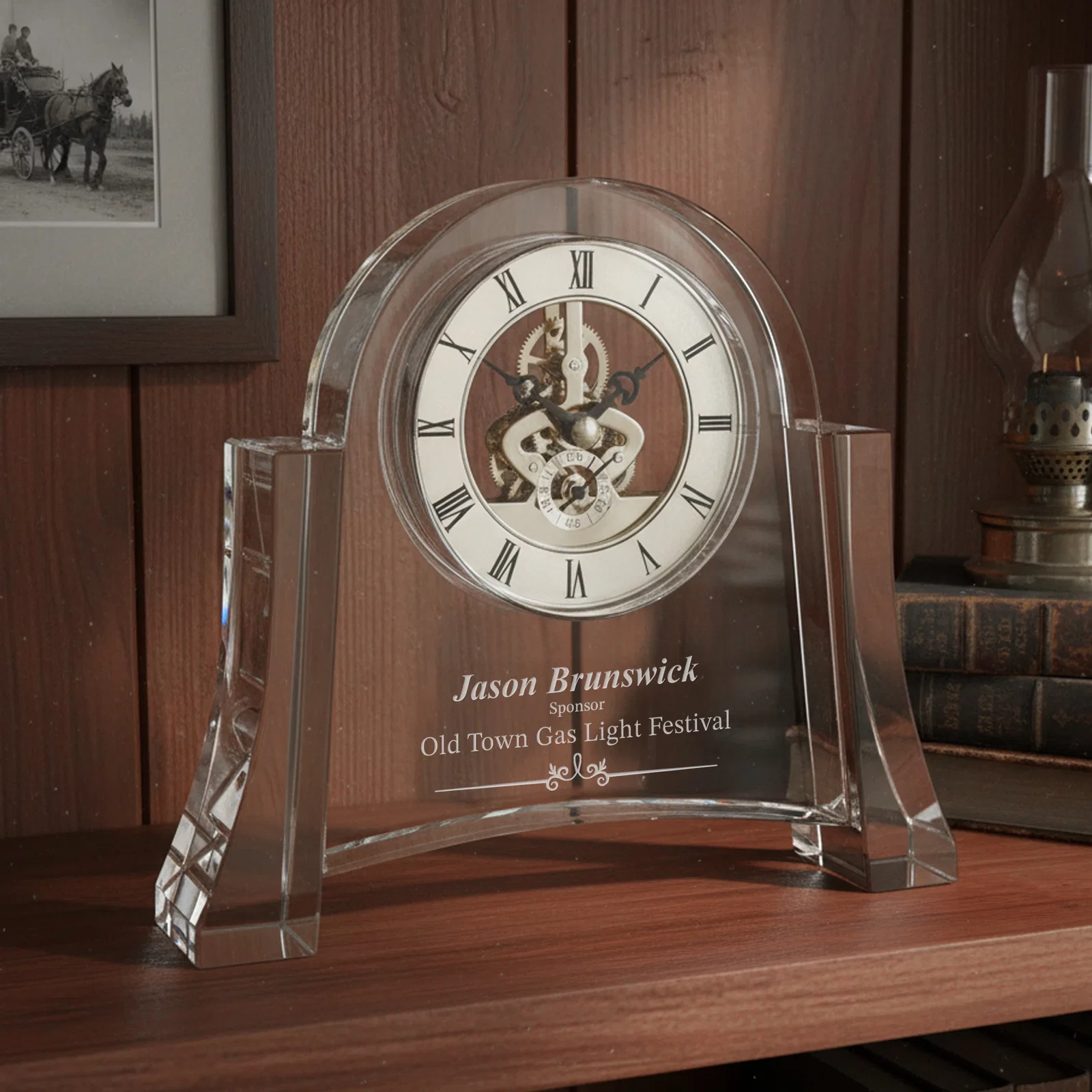 Custom Arched Optical Crystal Clock with Skeleton Movement for retirement presentations