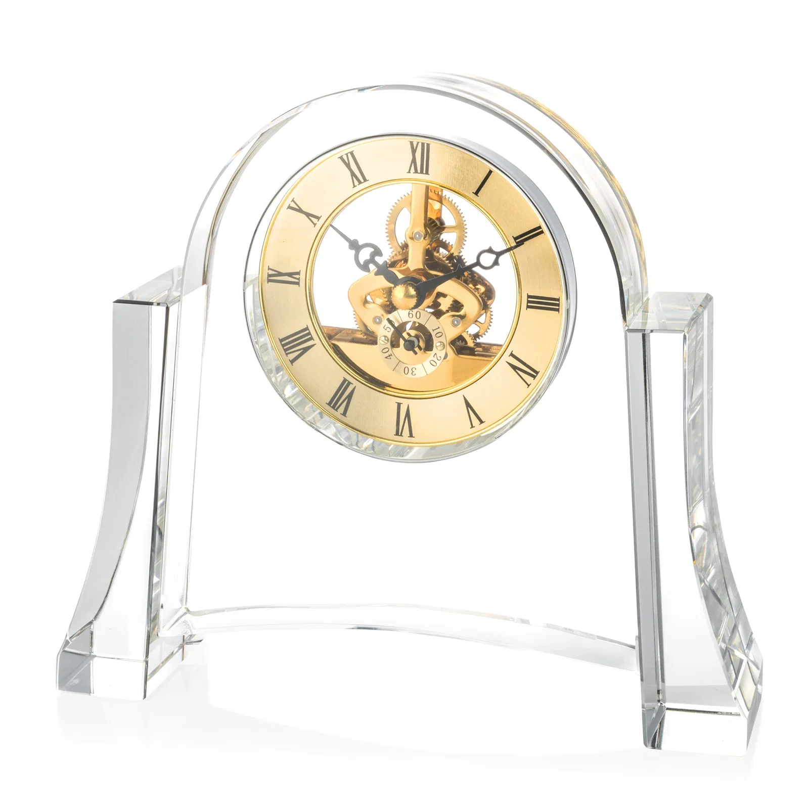 Custom Arched Optical Crystal Clock with Skeleton Movement for team milestone celebrations
