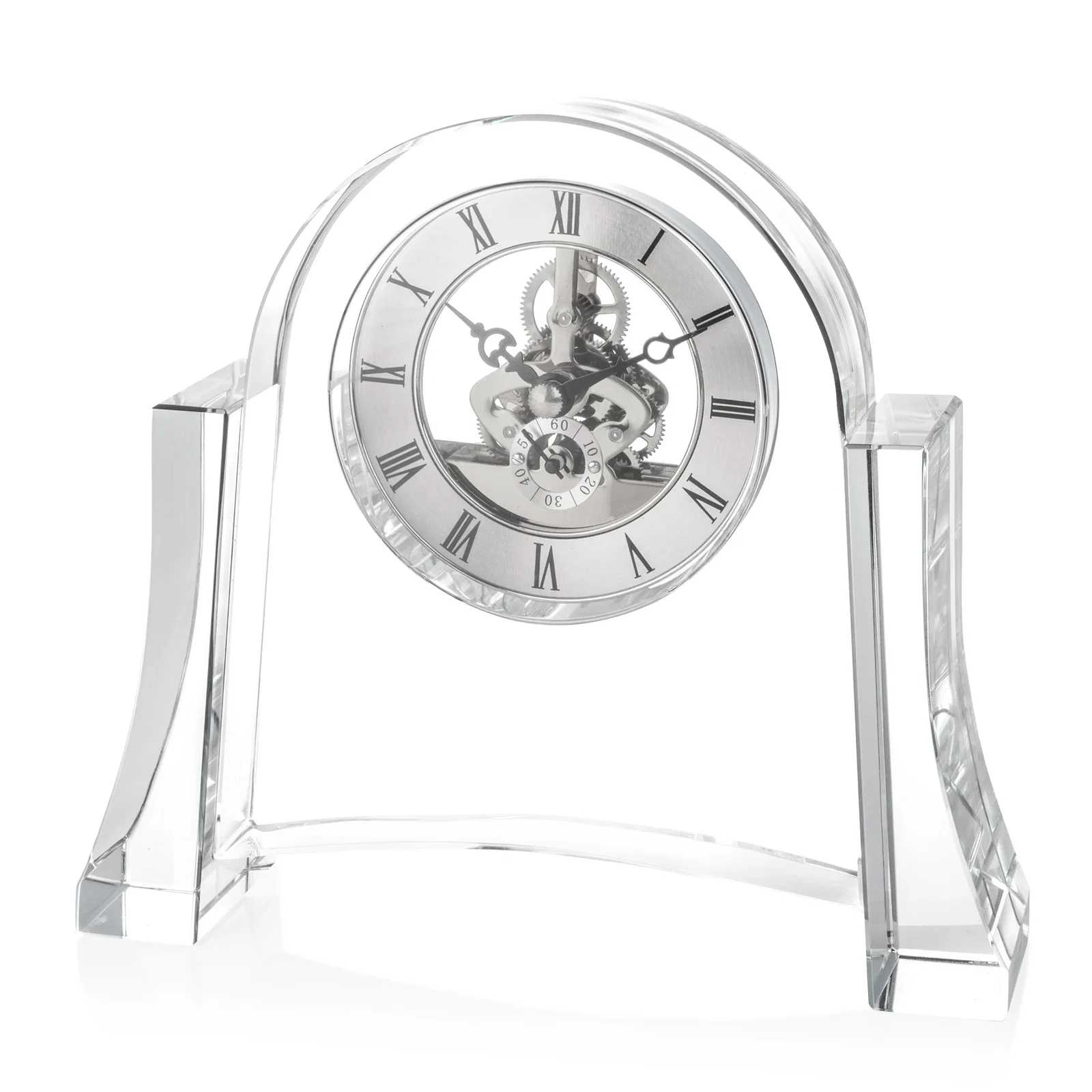 Custom Arched Optical Crystal Clock with Skeleton Movement for donor appreciation