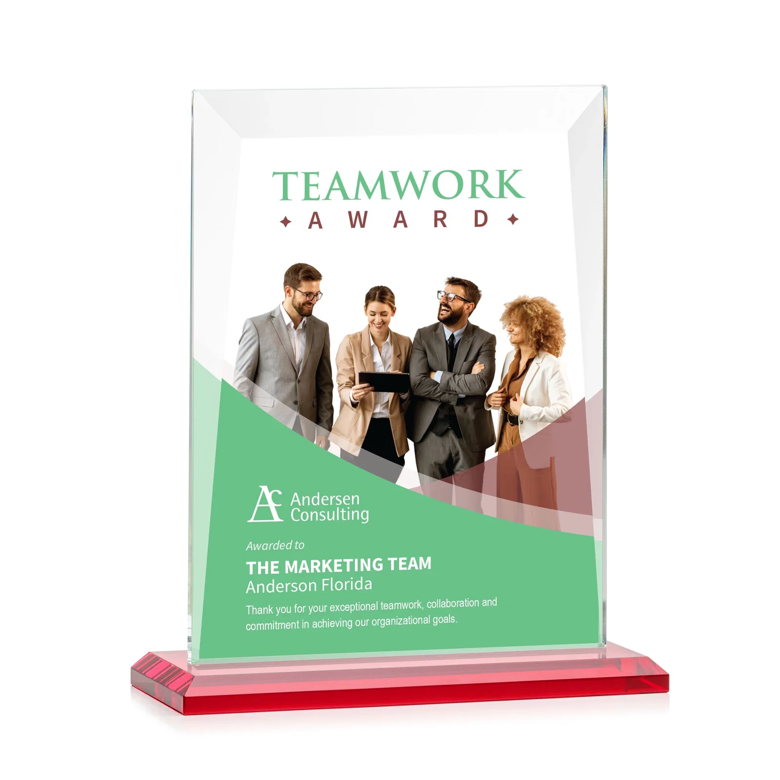 Custom engraved Jade Glass Rectangle Award With Contrasting Color Base for dealer and partner awards