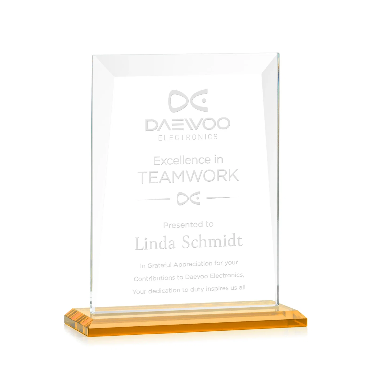 Personalized Jade Glass Rectangle Award With Contrasting Color Base for employee recognition