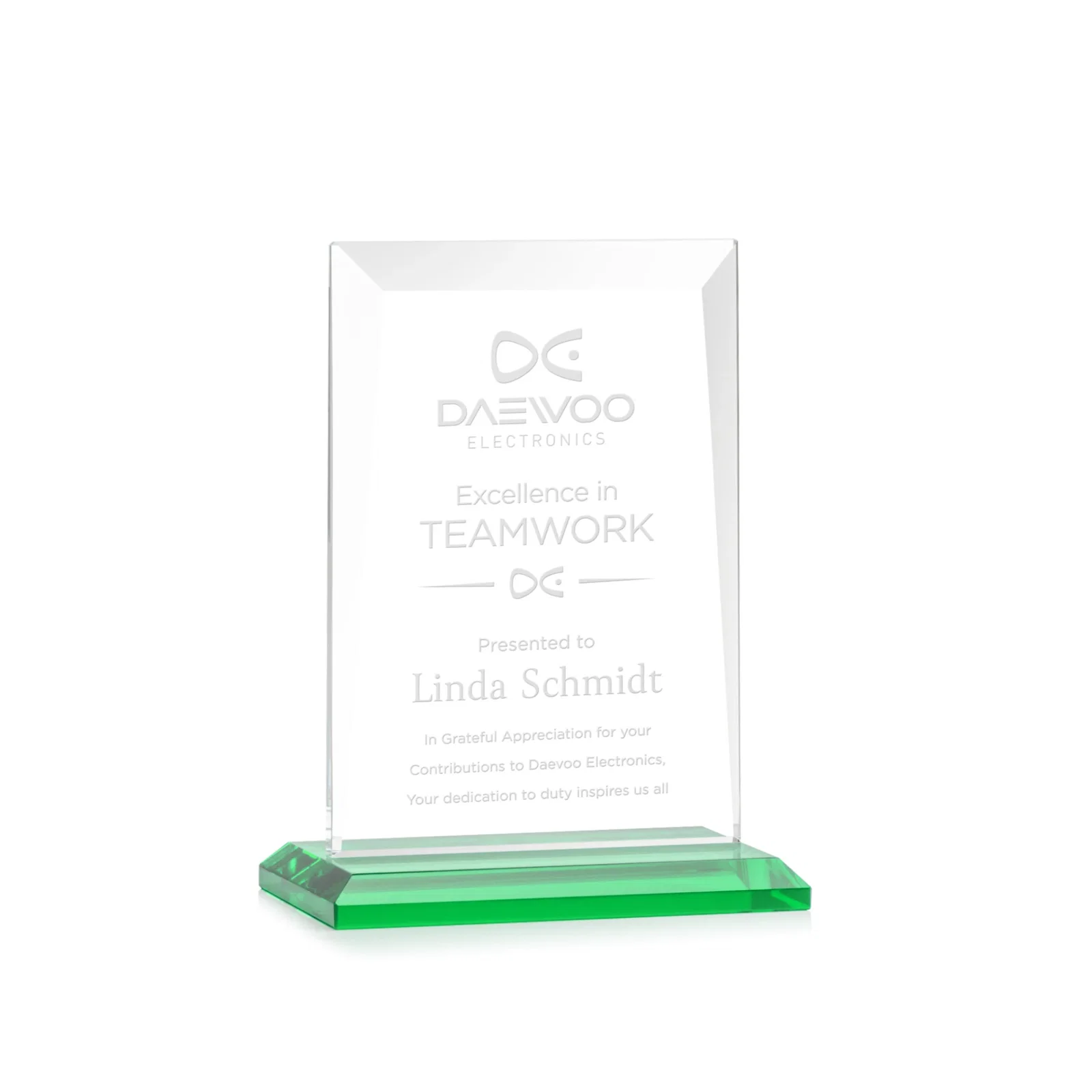 Personalized Jade Glass Rectangle Award With Contrasting Color Base for sales achievement awards