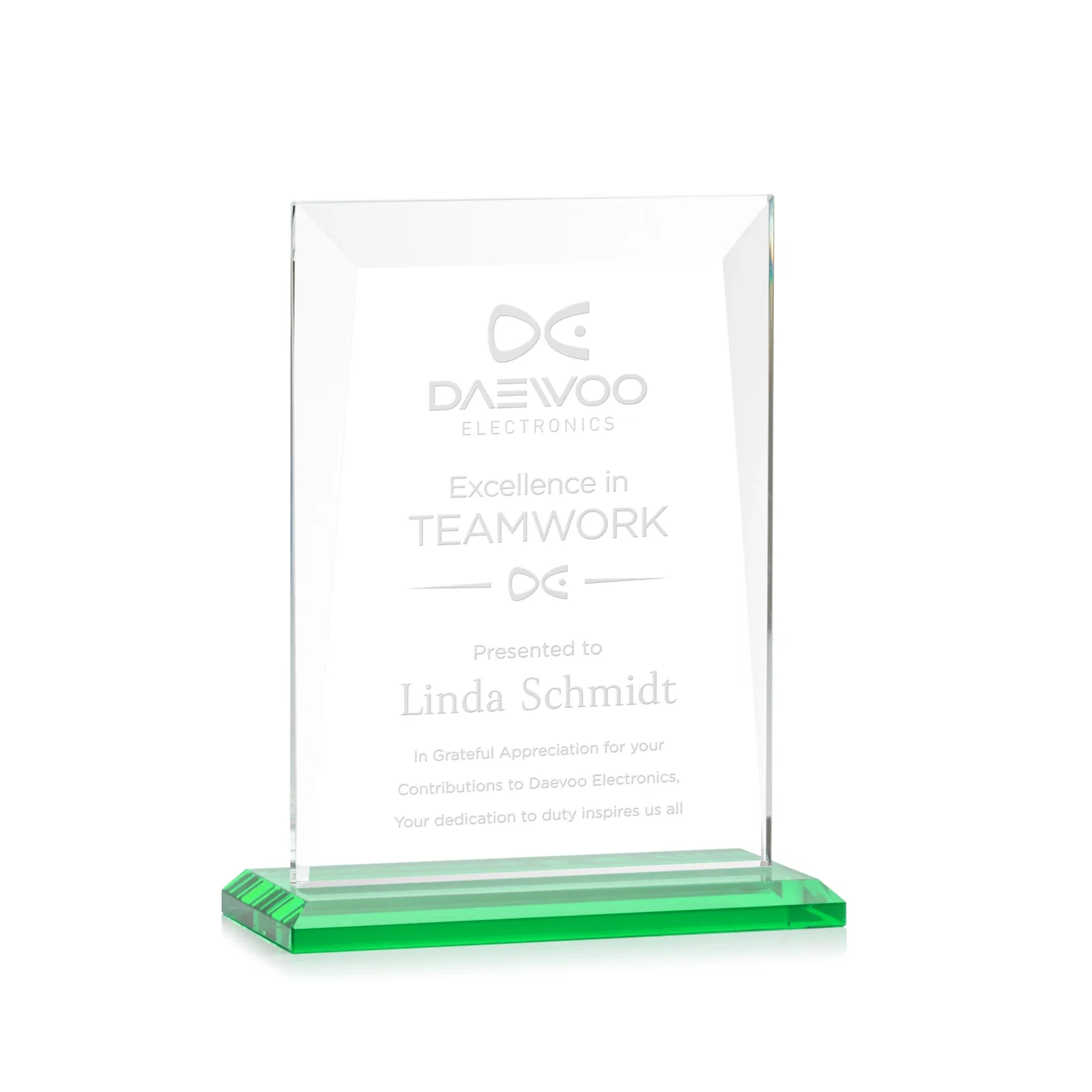 Personalized Jade Glass Rectangle Award With Contrasting Color Base for retirement presentations