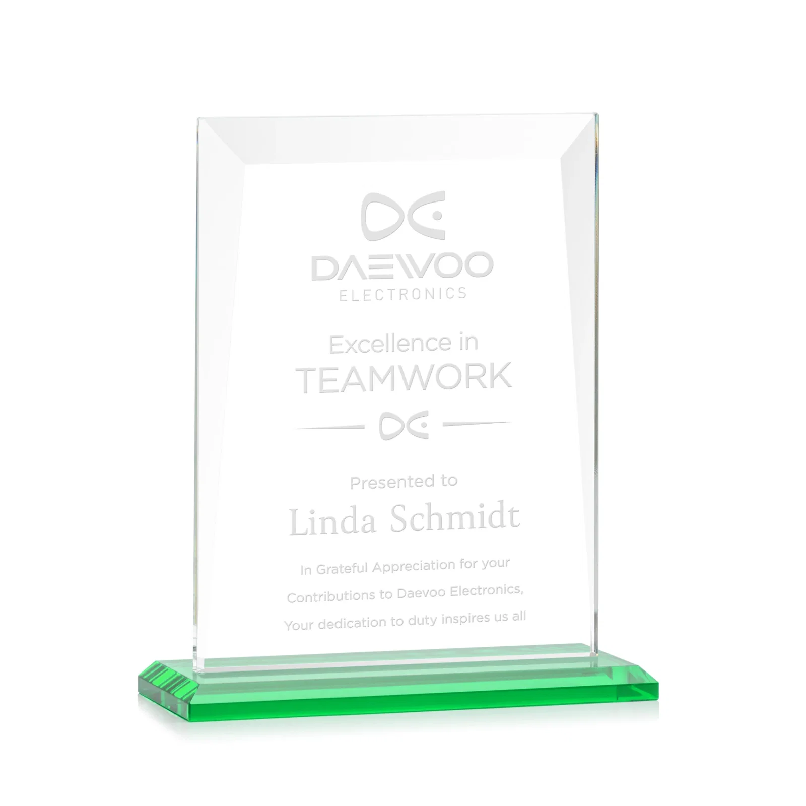 Personalized Jade Glass Rectangle Award With Contrasting Color Base for team milestone celebrations